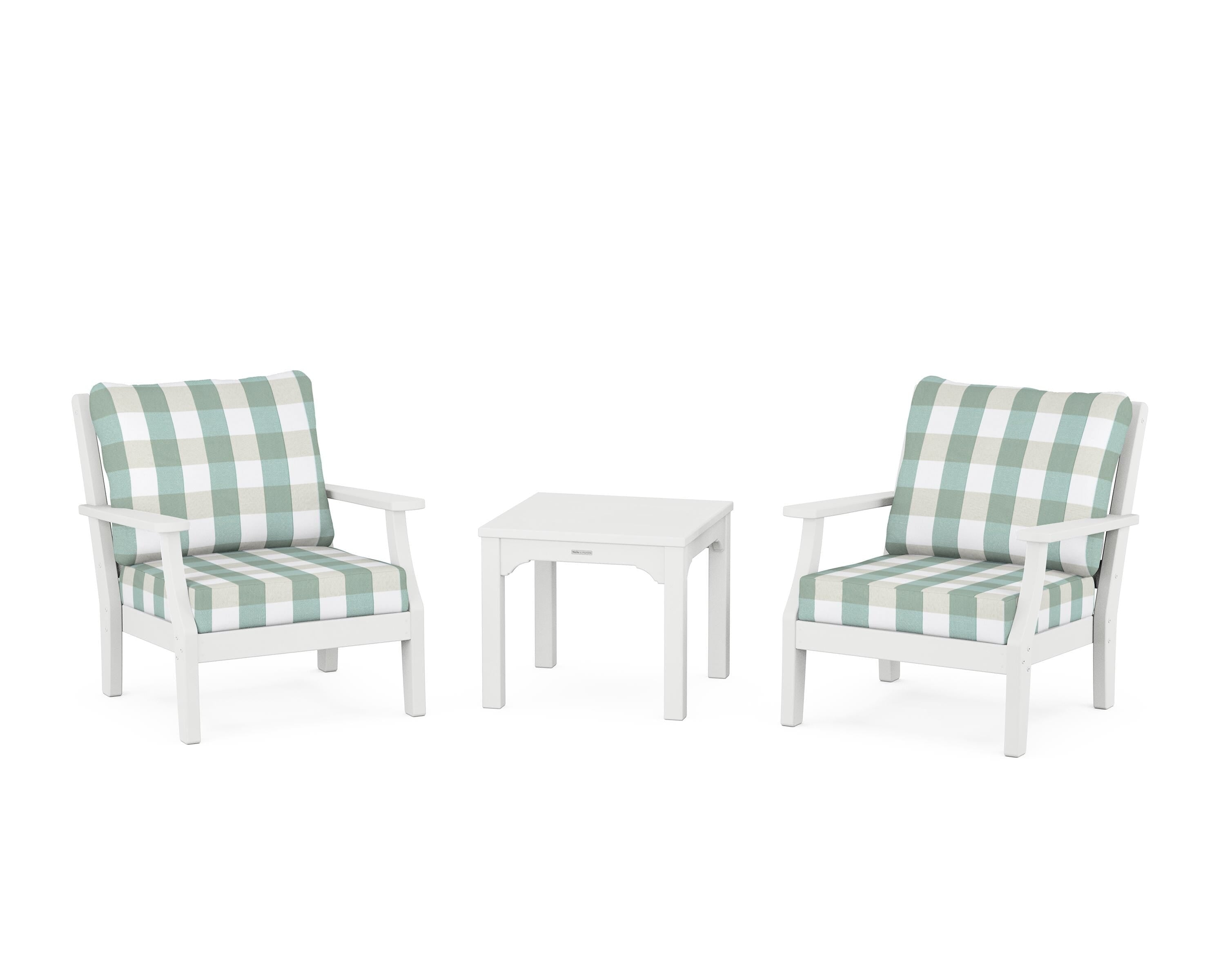 Martha Stewart by POLYWOOD® Chinoiserie 3-Piece Deep Seating Set in White / Buffalo Plaid Glacier Spa
