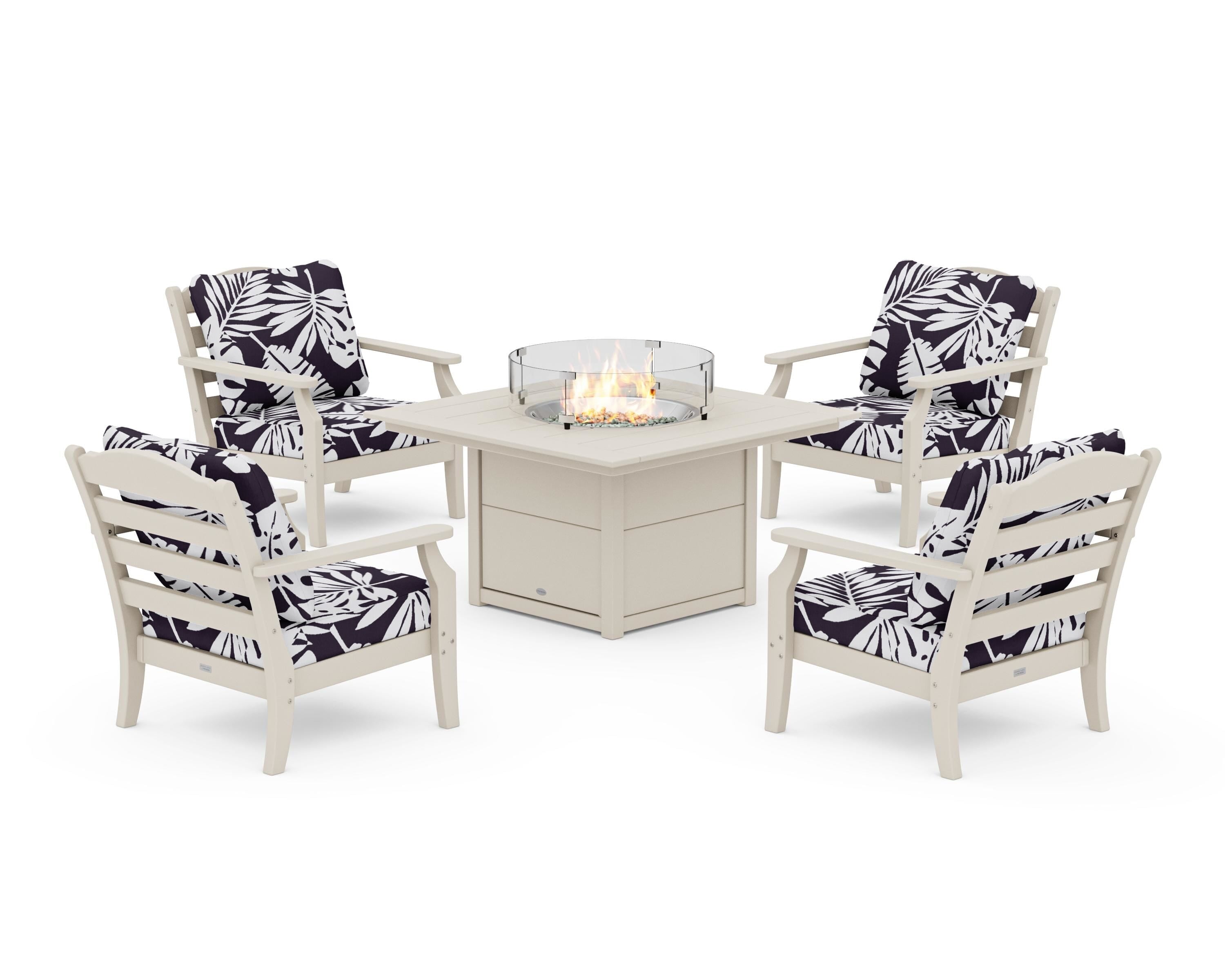 Draper James™ by POLYWOOD® Savannah 5-Piece Deep Seating Set with Fire Pit Table in Sand / Leaf Navy