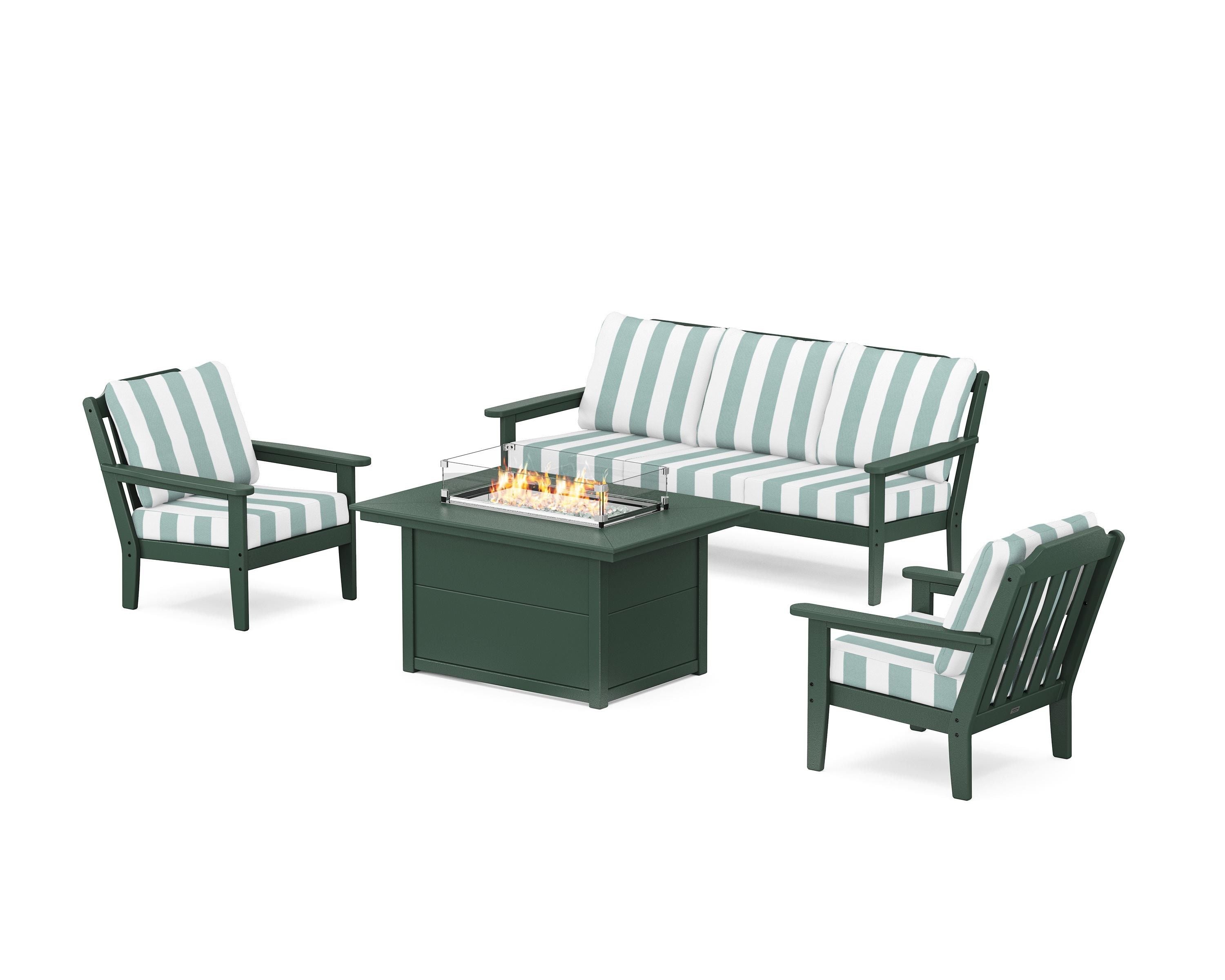 Country Living Cottage Deep Seating Fire Pit Table Set in Green / Cabana Stripe Glacier Spa