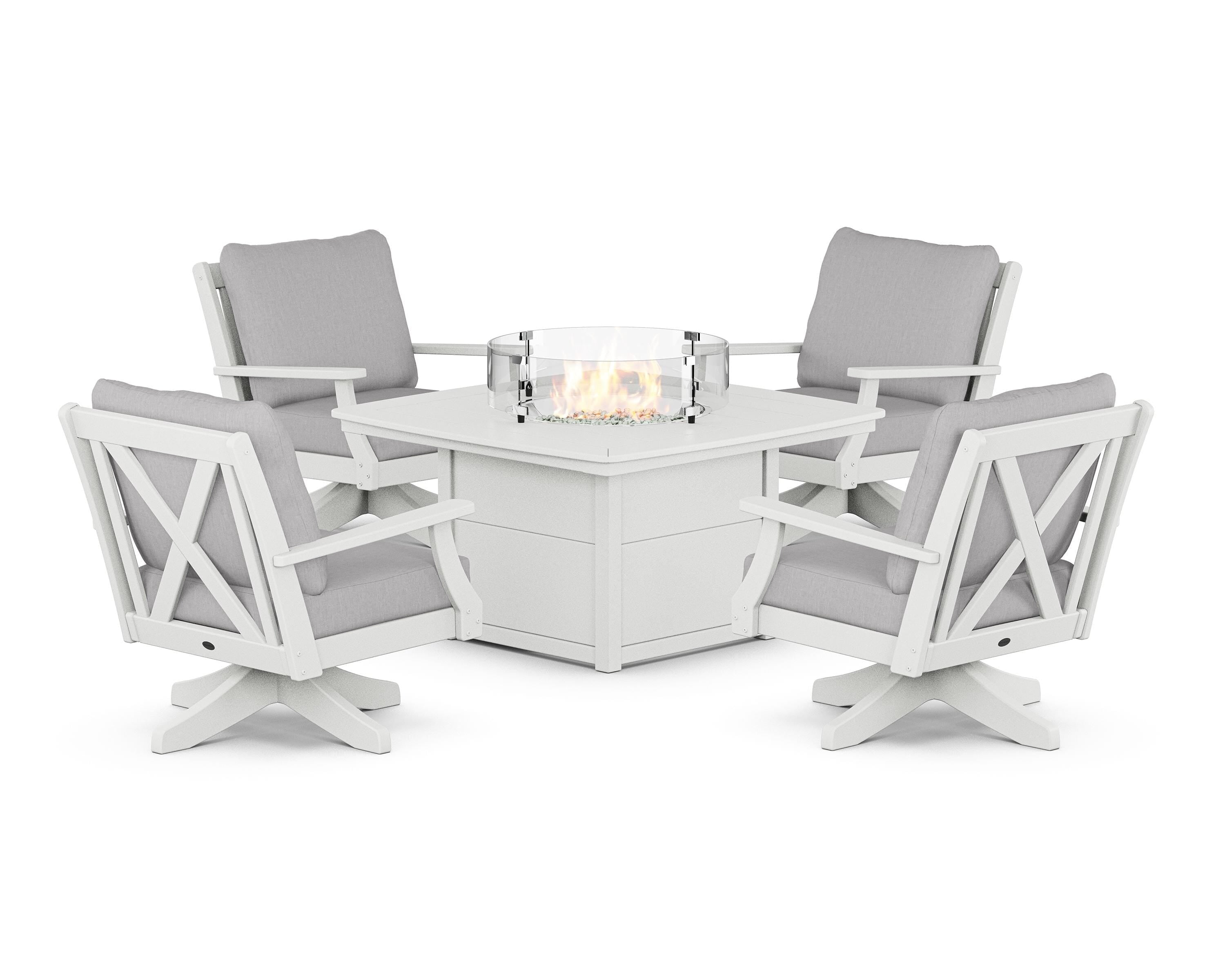 POLYWOOD® Braxton 5-Piece Deep Seating Swivel Conversation Set with Fire Pit Table in White / Granite