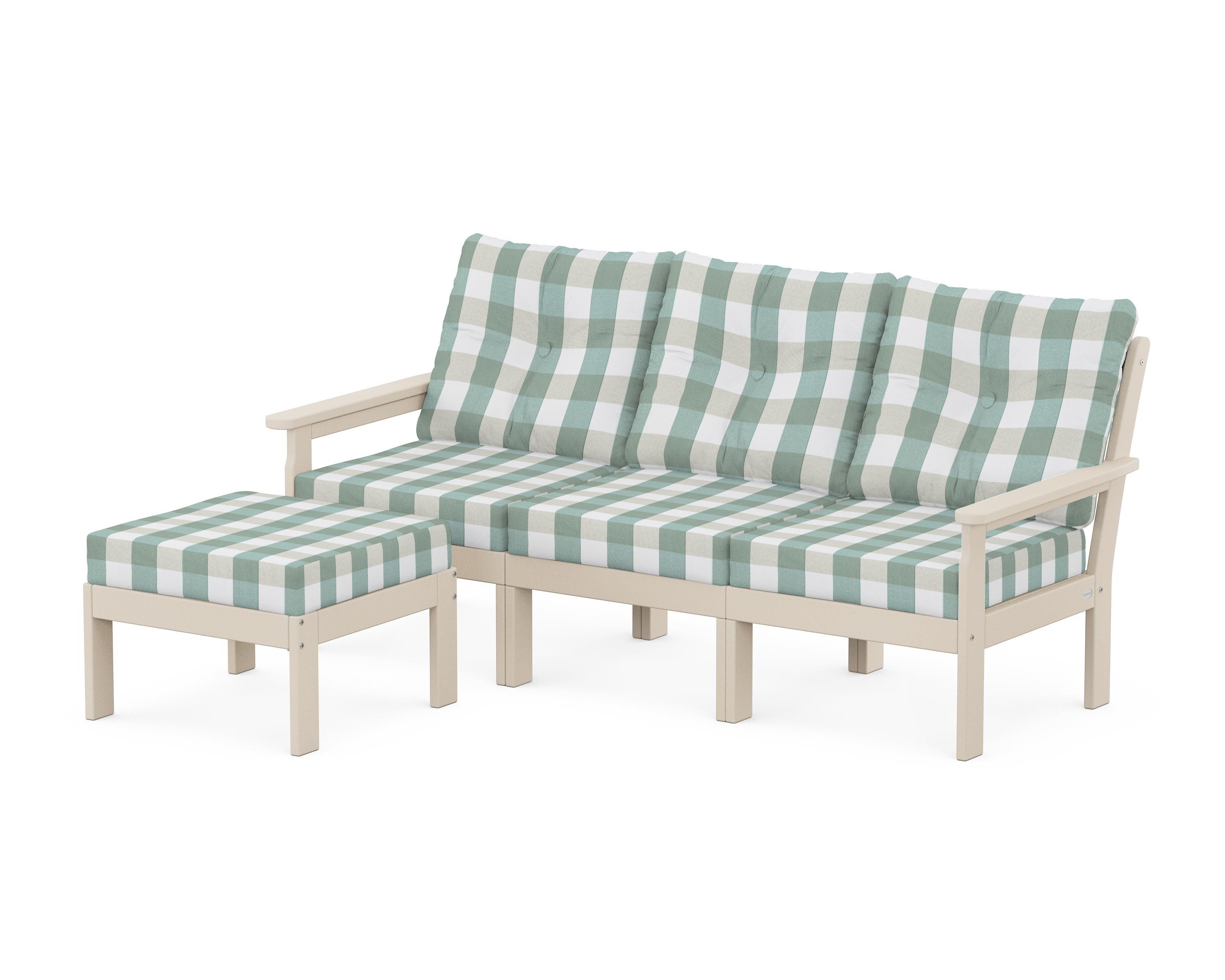 POLYWOOD® Vineyard 4-Piece Sectional with Ottoman in Sand / Buffalo Plaid Glacier Spa