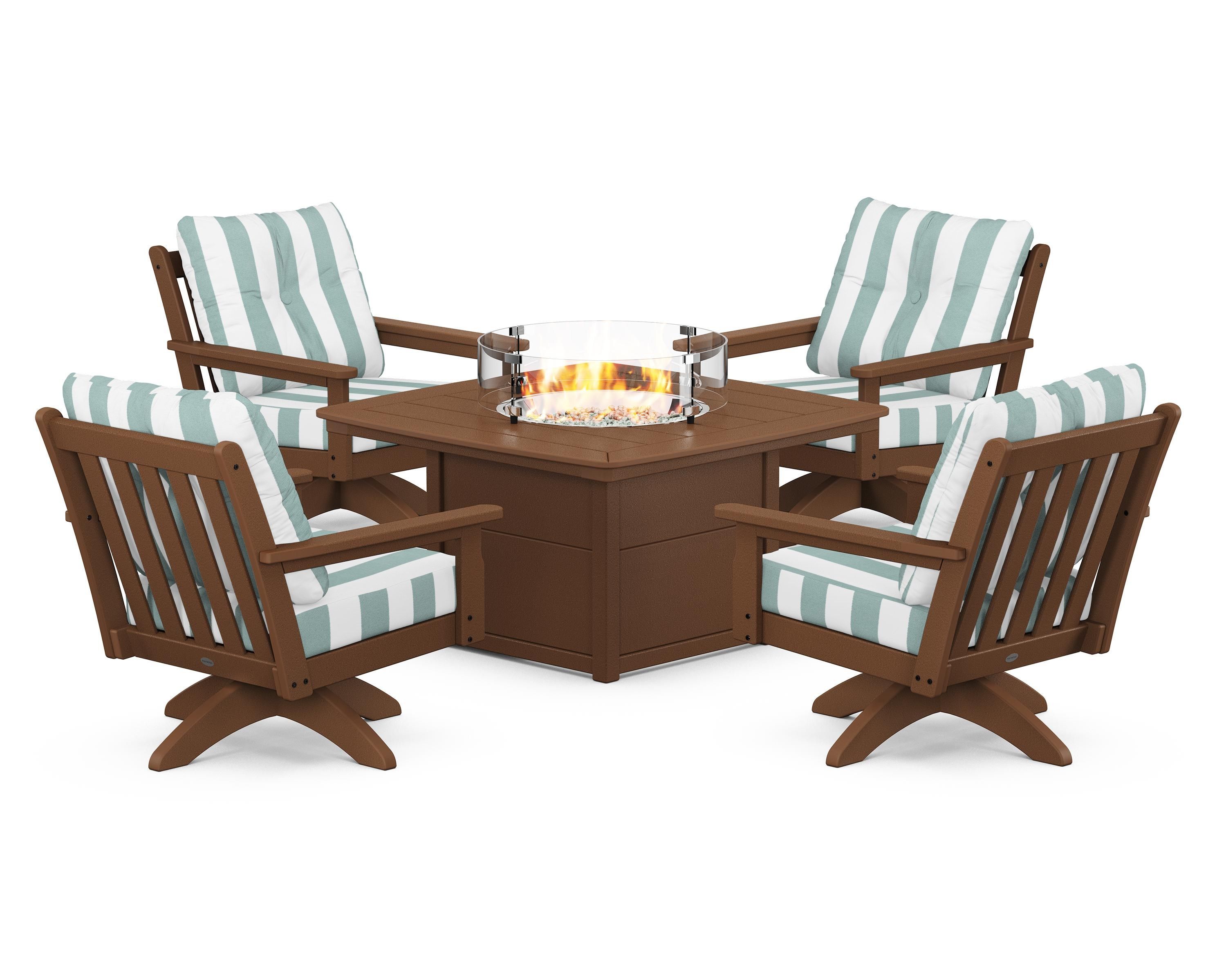 POLYWOOD® Vineyard 5-Piece Deep Seating Swivel Conversation Set with Fire Pit Table in Teak / Cabana Stripe Glacier Spa