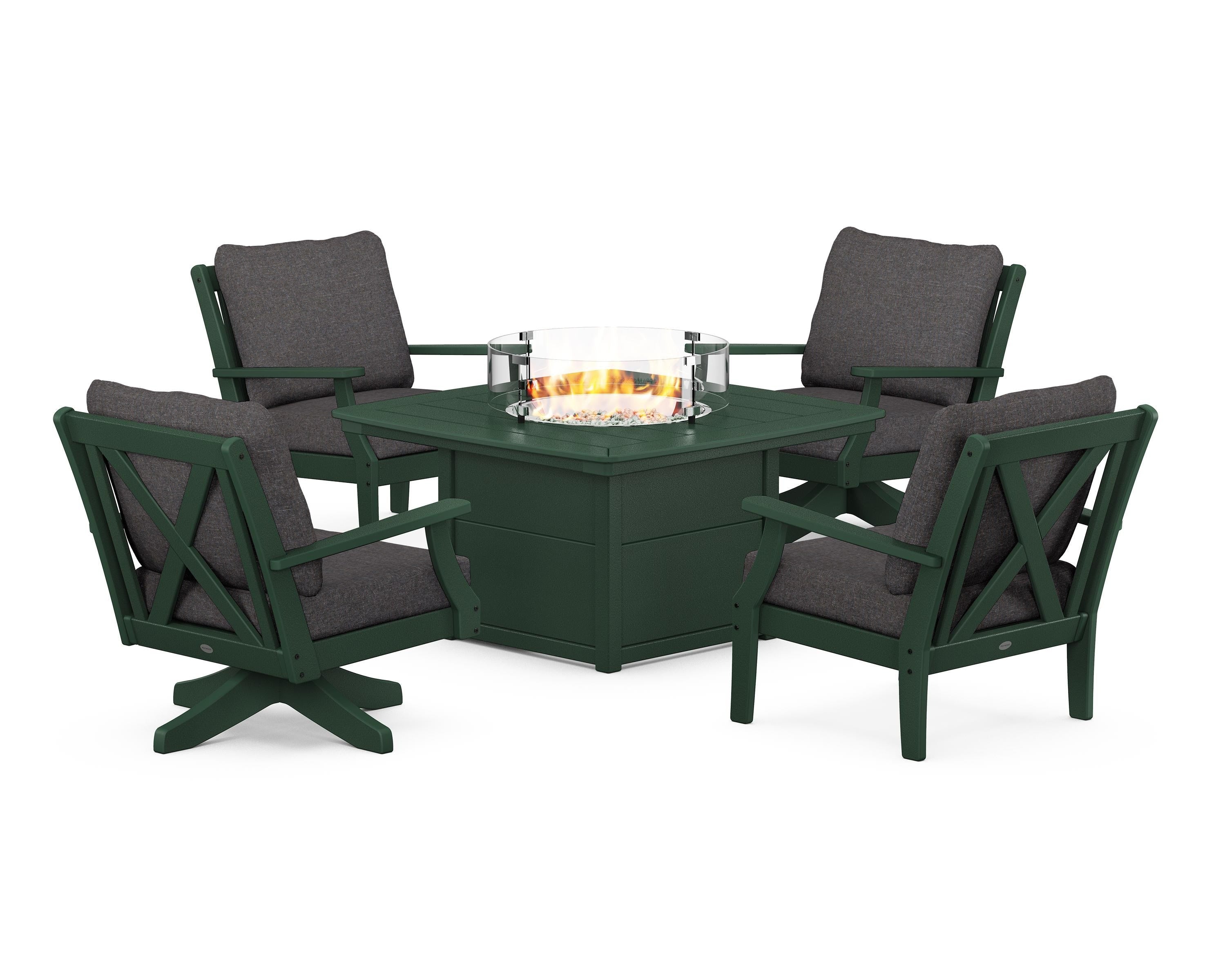 POLYWOOD® Braxton 5-Piece Deep Seating Set with Fire Table in Green / Ash Charcoal