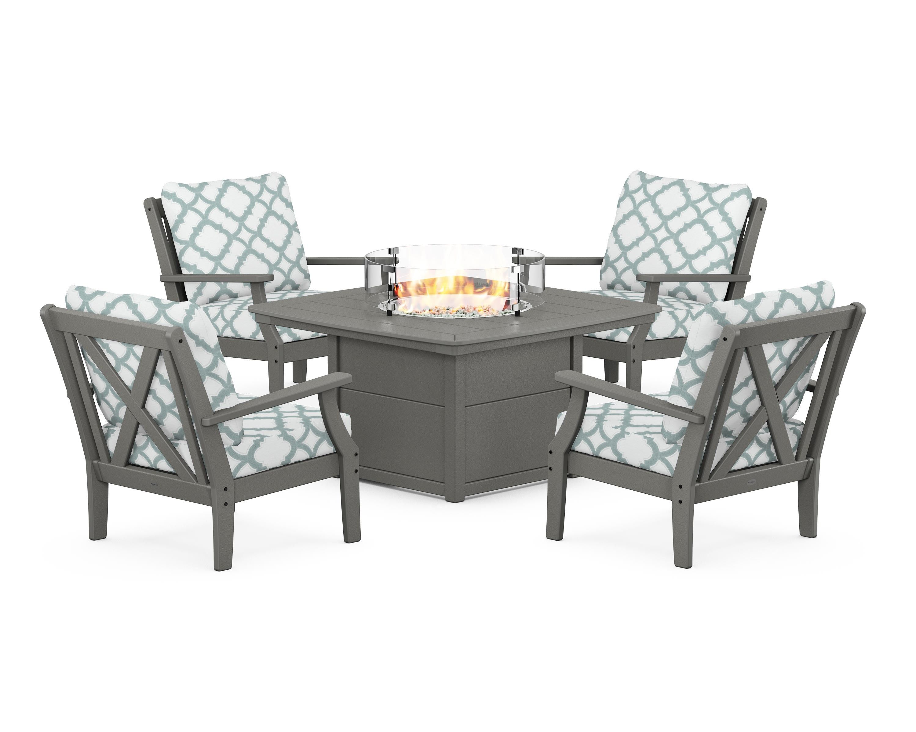 POLYWOOD® Braxton 5-Piece Deep Seating Conversation Set with Fire Pit Table in Slate Grey / Trellis Glacier Spa