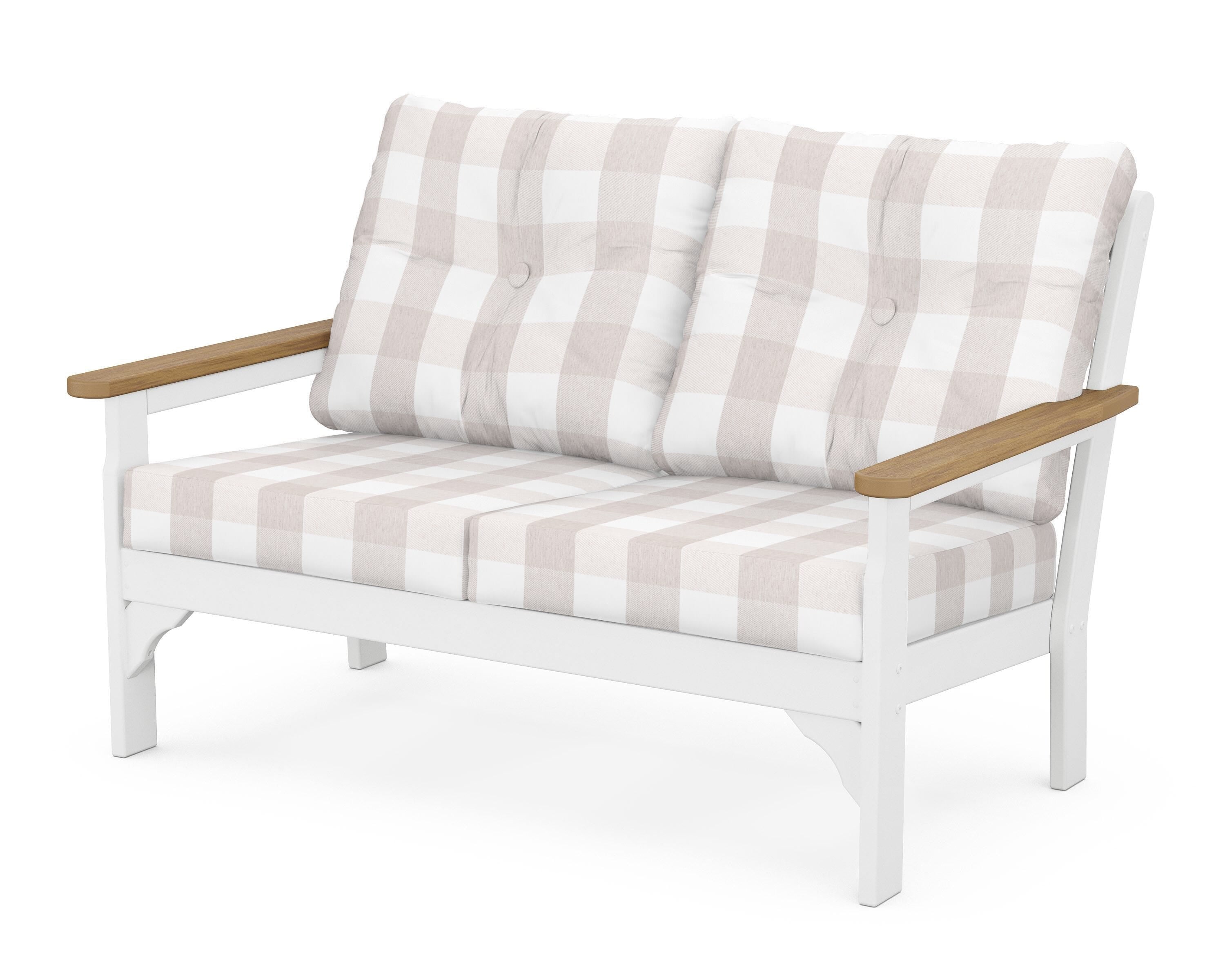 POLYWOOD® Vineyard Deep Seating Loveseat in White / Natural / Buffalo Plaid Dune Burlap
