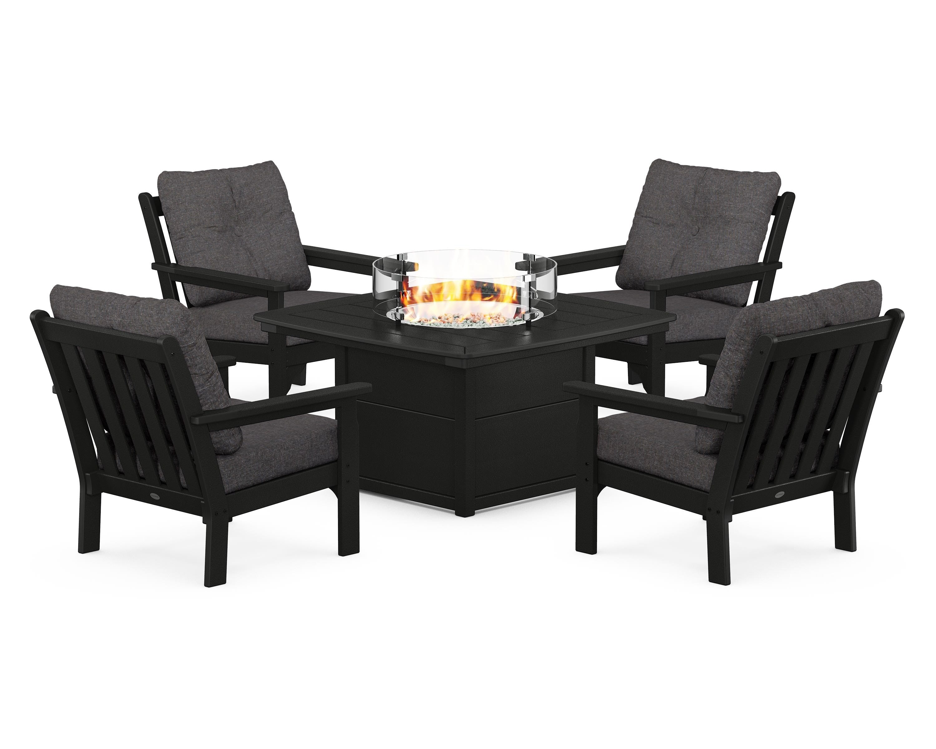 POLYWOOD® Vineyard 5-Piece Conversation Set with Fire Pit Table in Black / Ash Charcoal