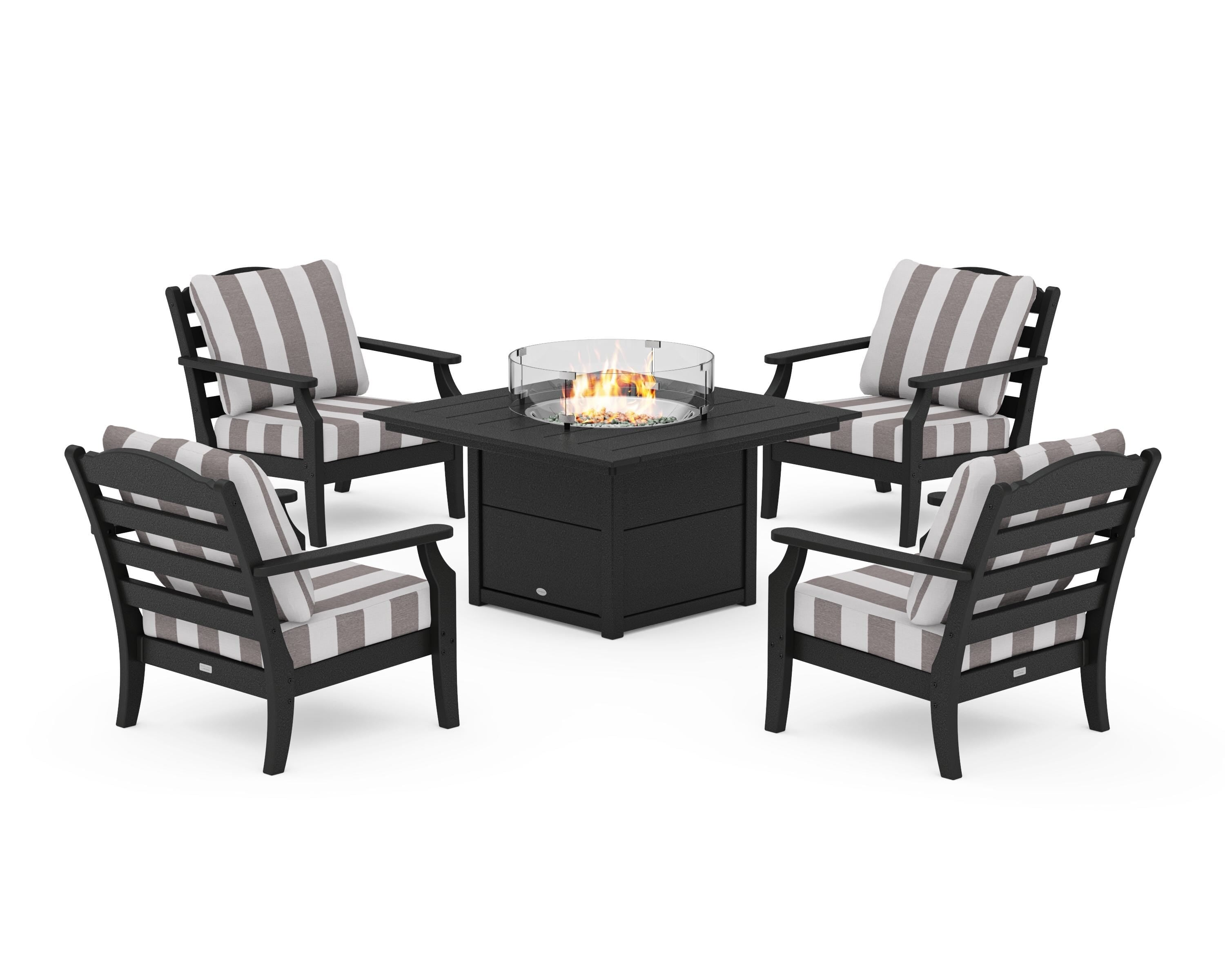 Draper James™ by POLYWOOD® Savannah 5-Piece Deep Seating Set with Fire Pit Table in Black / Cabana Stripe Grey Mist