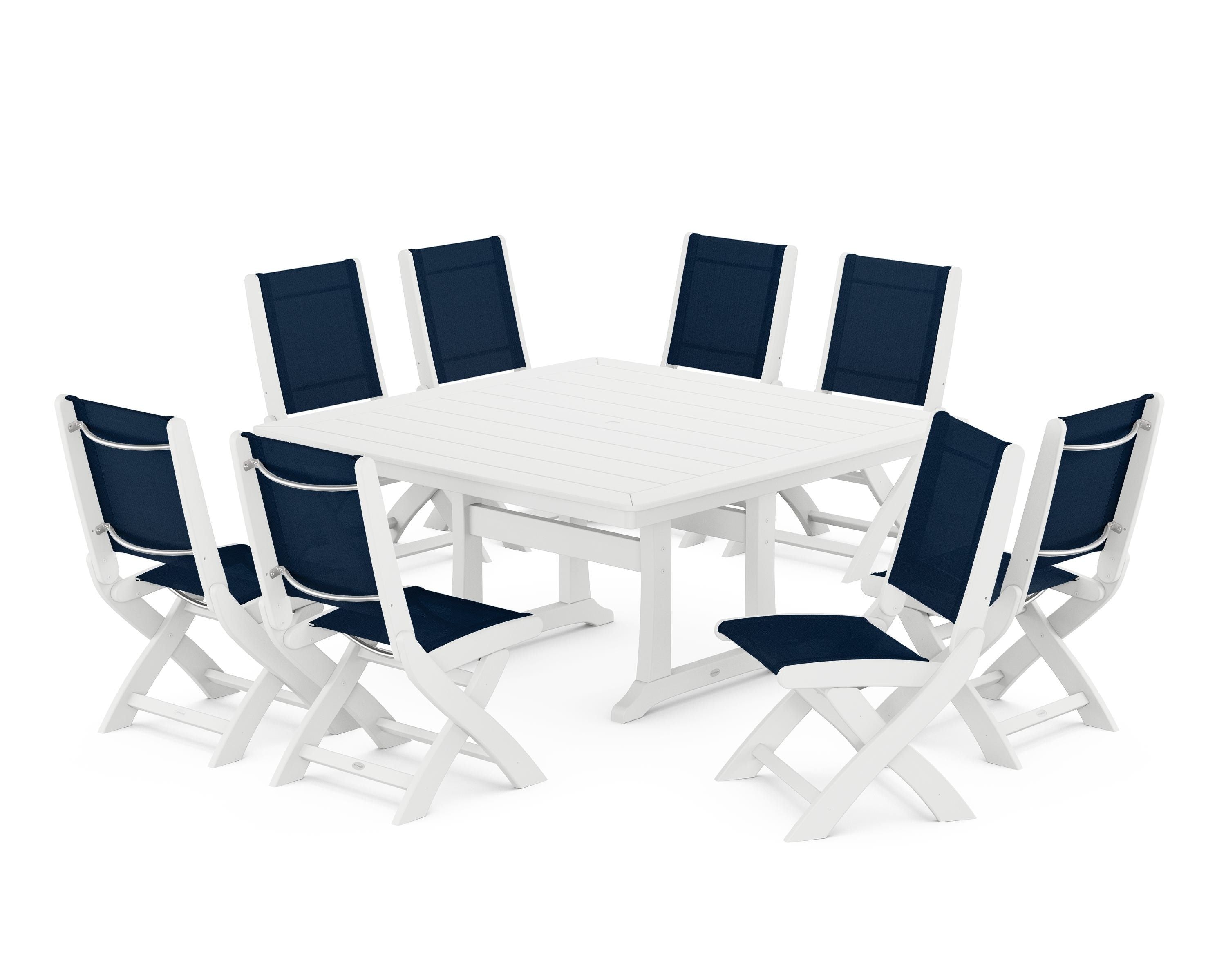 POLYWOOD® Coastal Folding Side Chair 9-Piece Dining Set with Trestle Legs in White / Navy Blue Sling