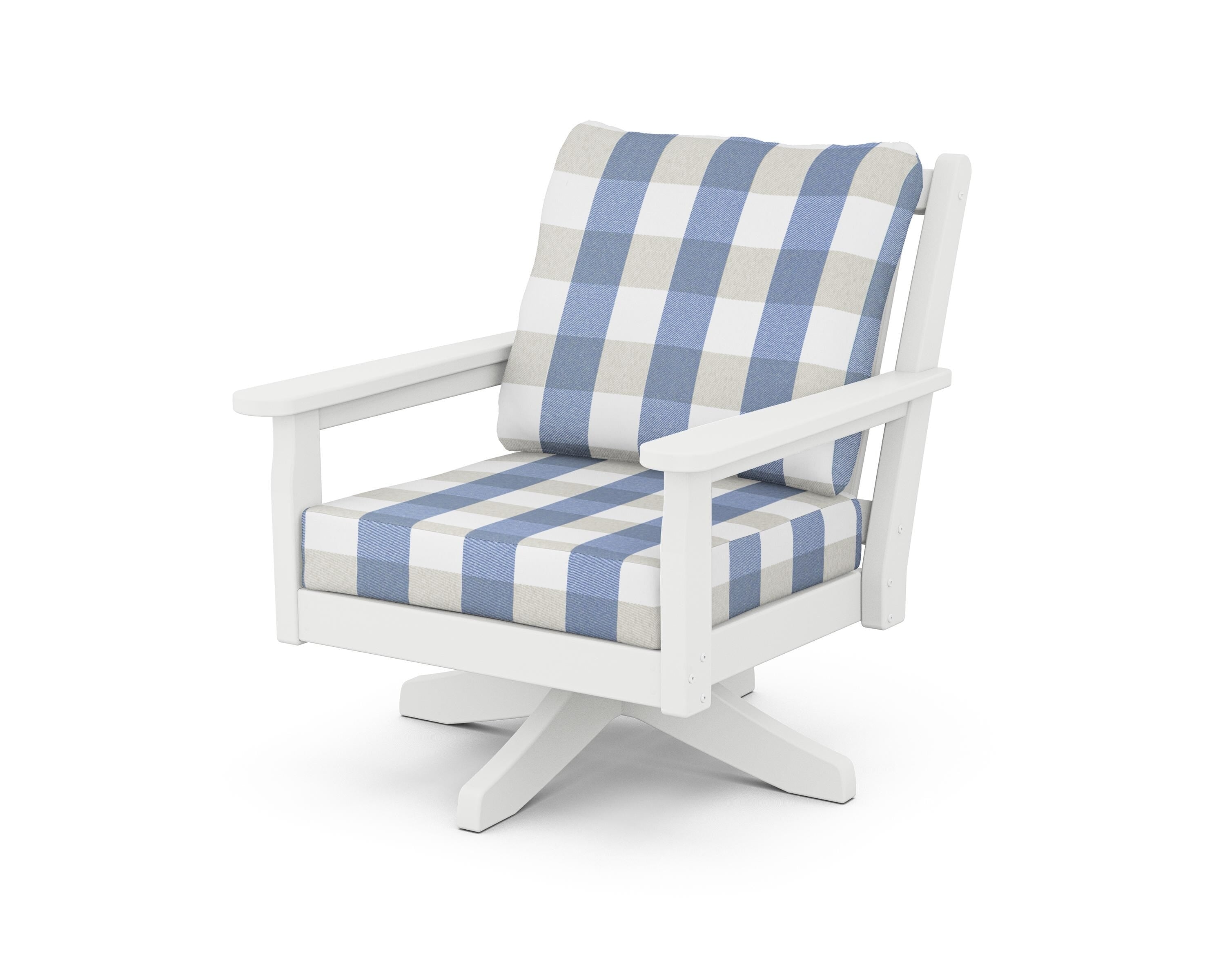 POLYWOOD® Chippendale Deep Seating Swivel Chair in White / Buffalo Plaid Sky Blue