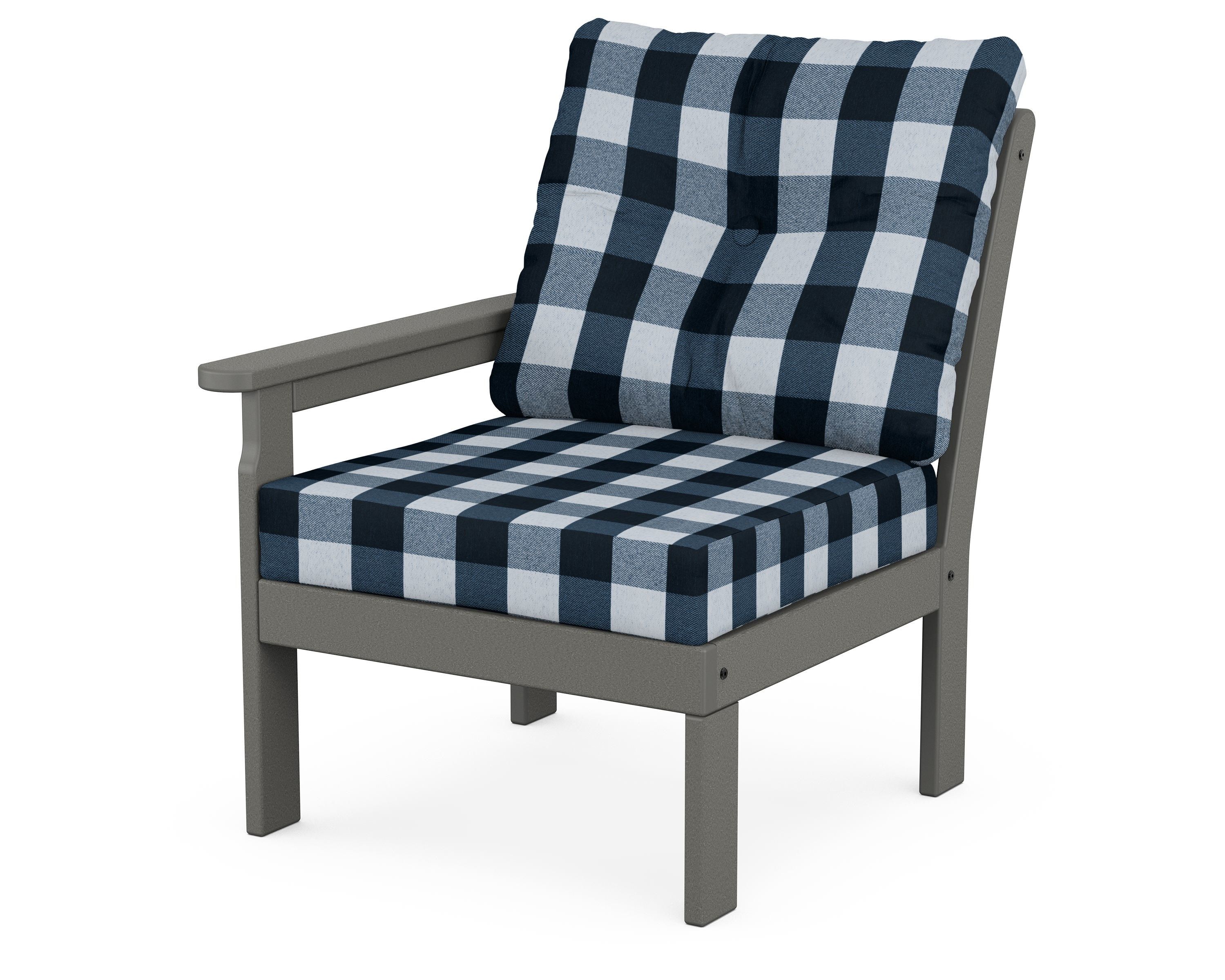 POLYWOOD® Vineyard Modular Left Arm Chair in Slate Grey / Buffalo Plaid Marine Indigo