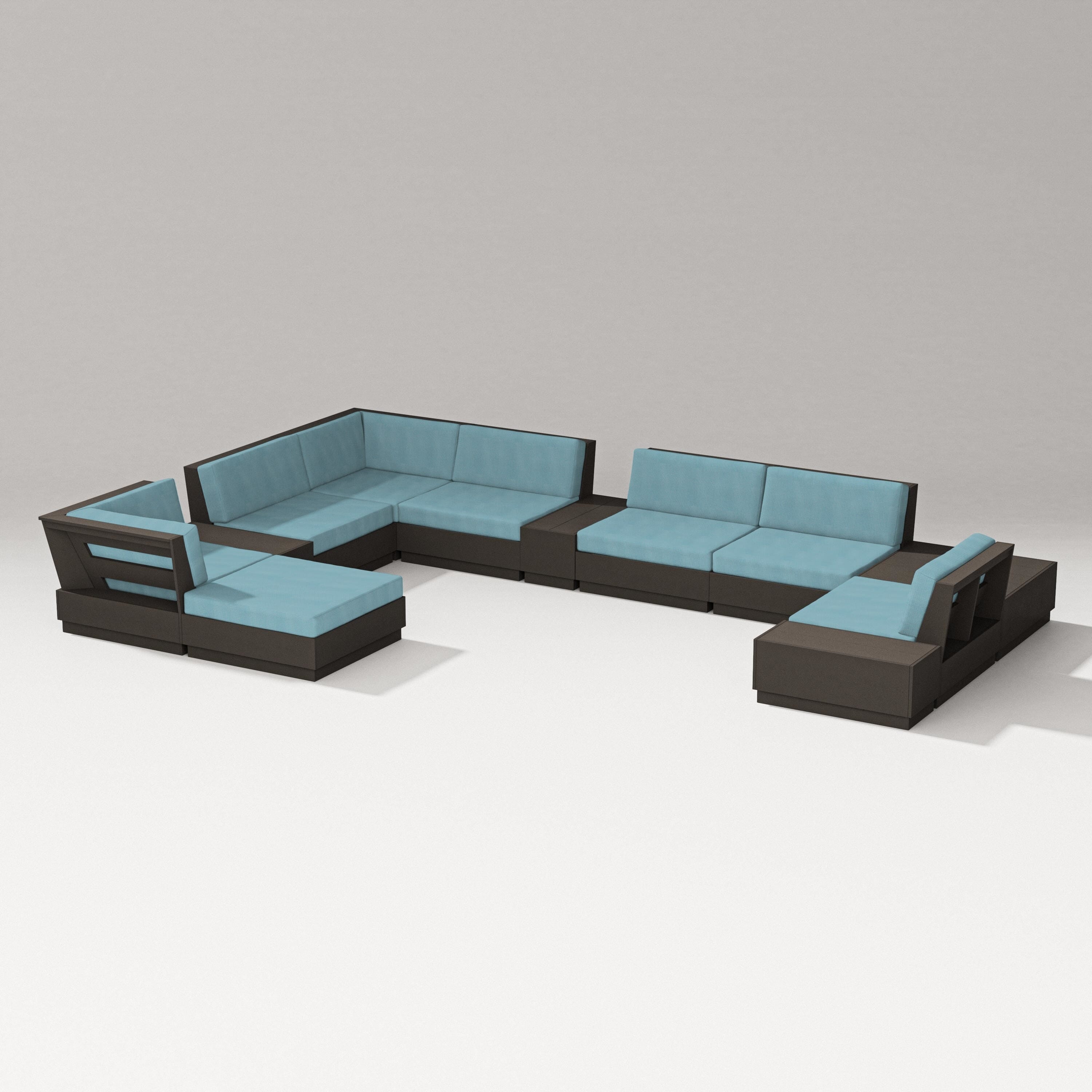 PW Designer Series Elevate 12-Piece Conversation Sectional Set in Vintage Coffee / Lattice Sky Blue