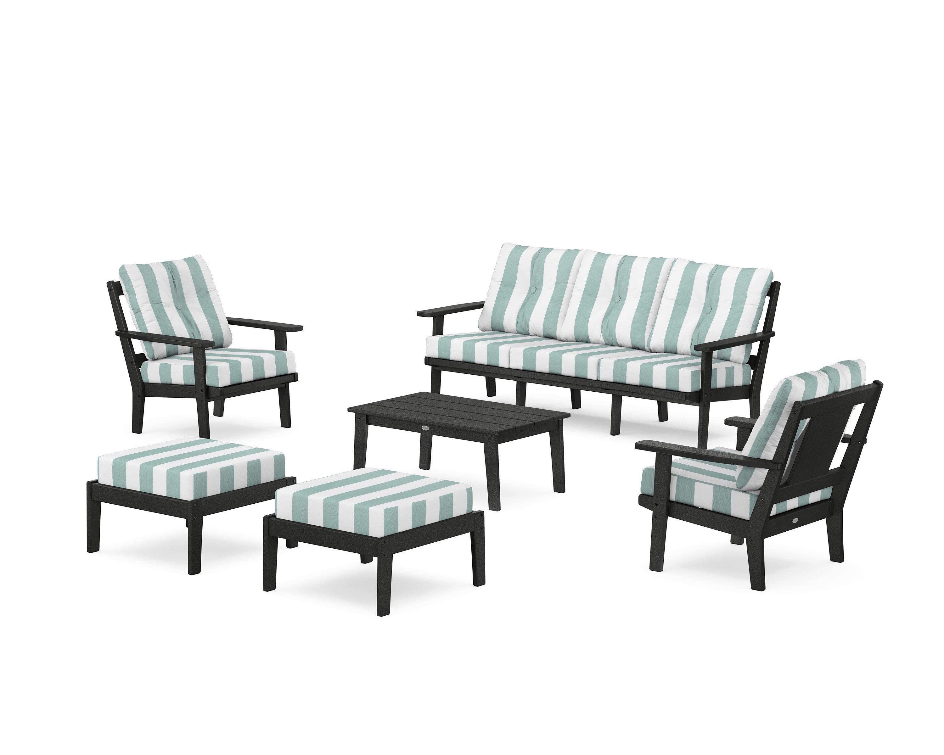 POLYWOOD® Prairie 6-Piece Lounge Sofa Set in Black / Cabana Stripe Glacier Spa