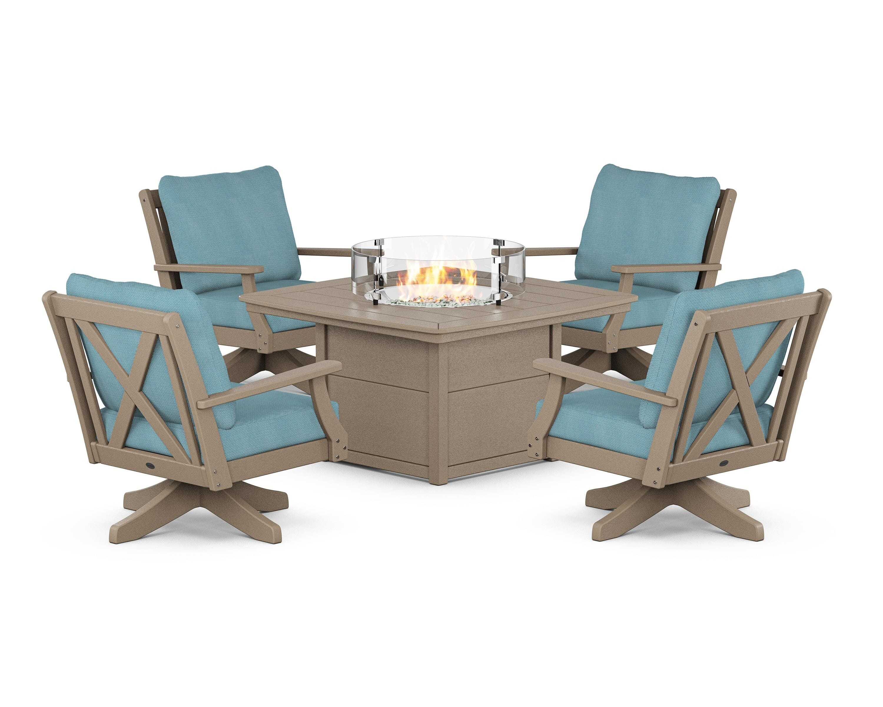 POLYWOOD® Braxton 5-Piece Deep Seating Swivel Conversation Set with Fire Pit Table in Vintage Sahara / Lattice Sky Blue