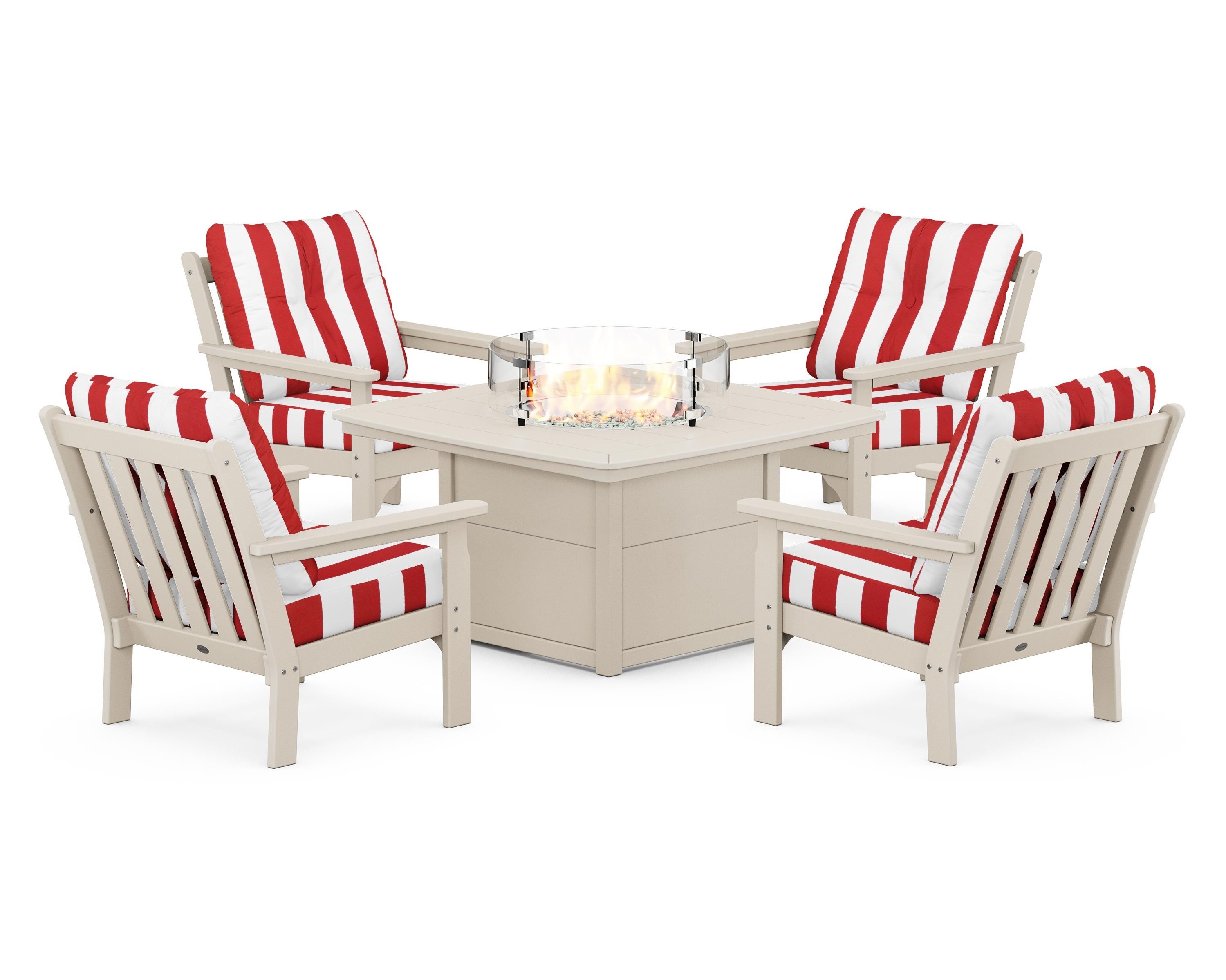 POLYWOOD® Vineyard 5-Piece Conversation Set with Fire Pit Table in Sand / Cabana Stripe Crimson