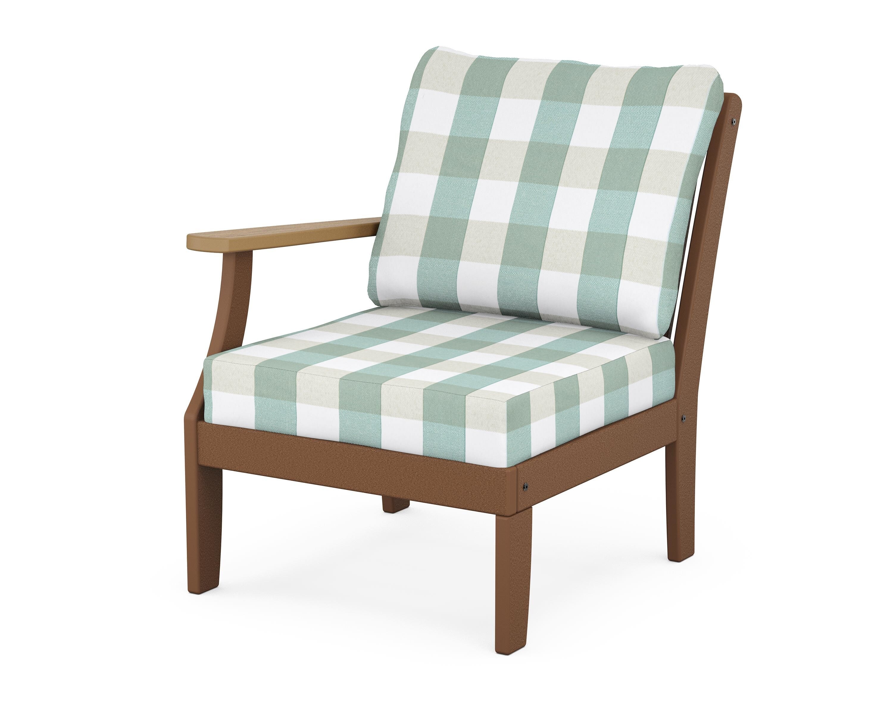 POLYWOOD® Braxton Modular Left Arm Chair in Teak / Natural / Buffalo Plaid Glacier Spa