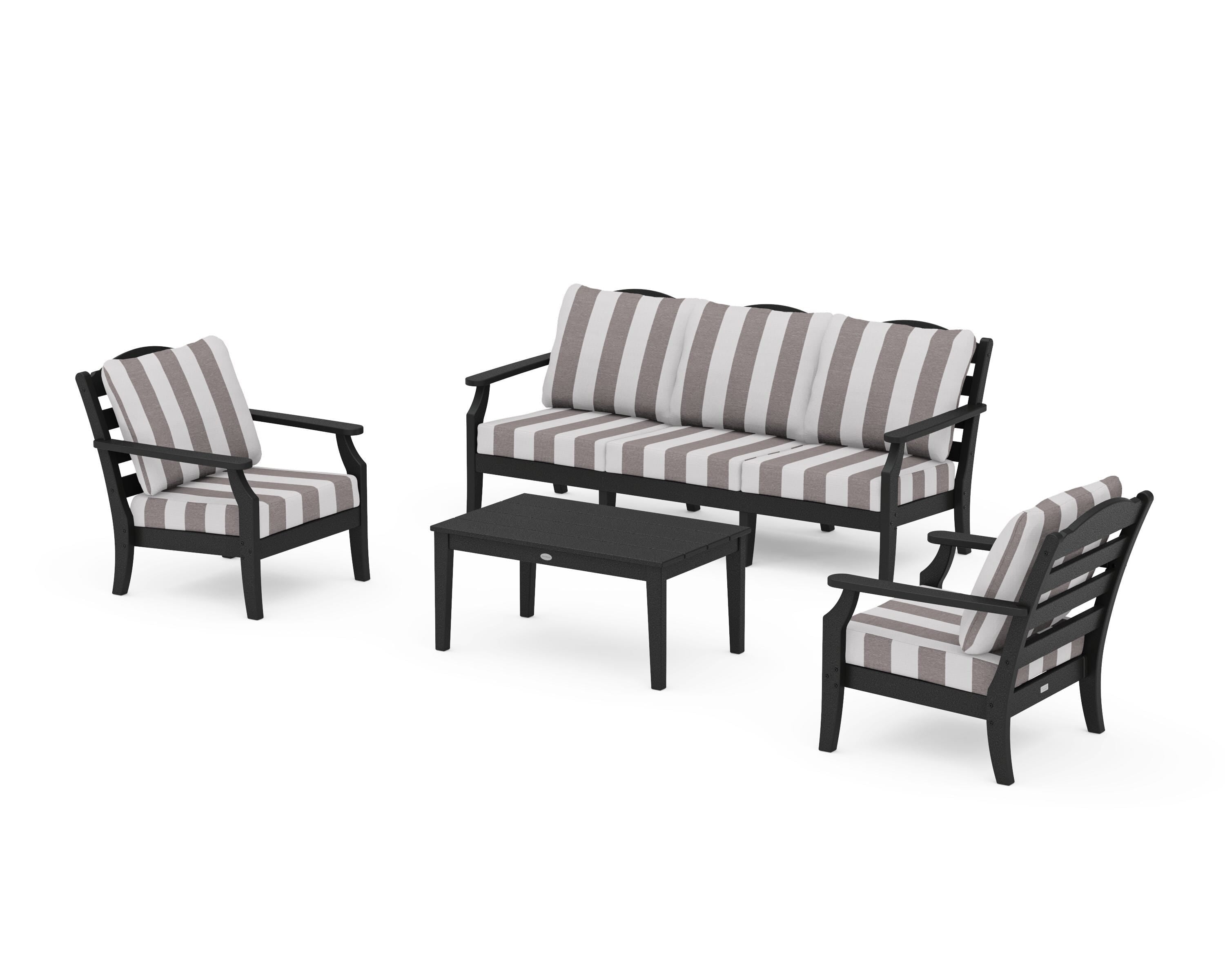 Draper James™ by POLYWOOD® Savannah 4-Piece Deep Seating Set with Sofa in Black / Cabana Stripe Grey Mist