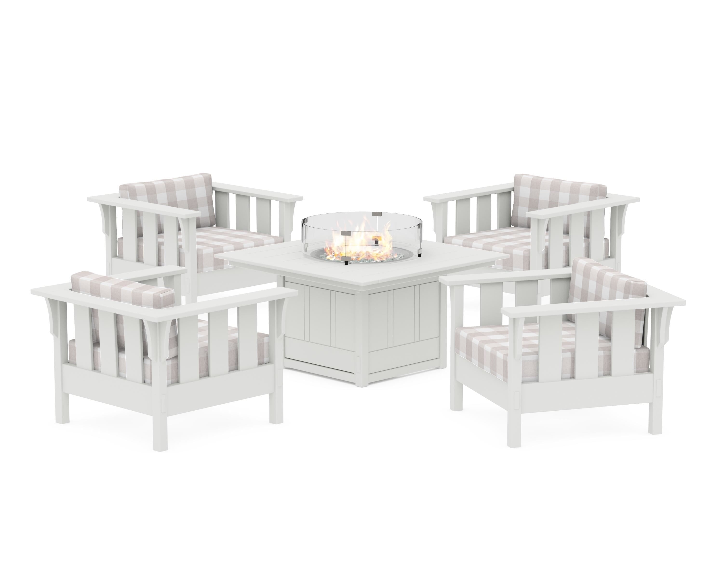 Martha Stewart by POLYWOOD® Acadia 5-Piece Deep Seating Set with Fire Pit Table in White / Buffalo Plaid Dune Burlap