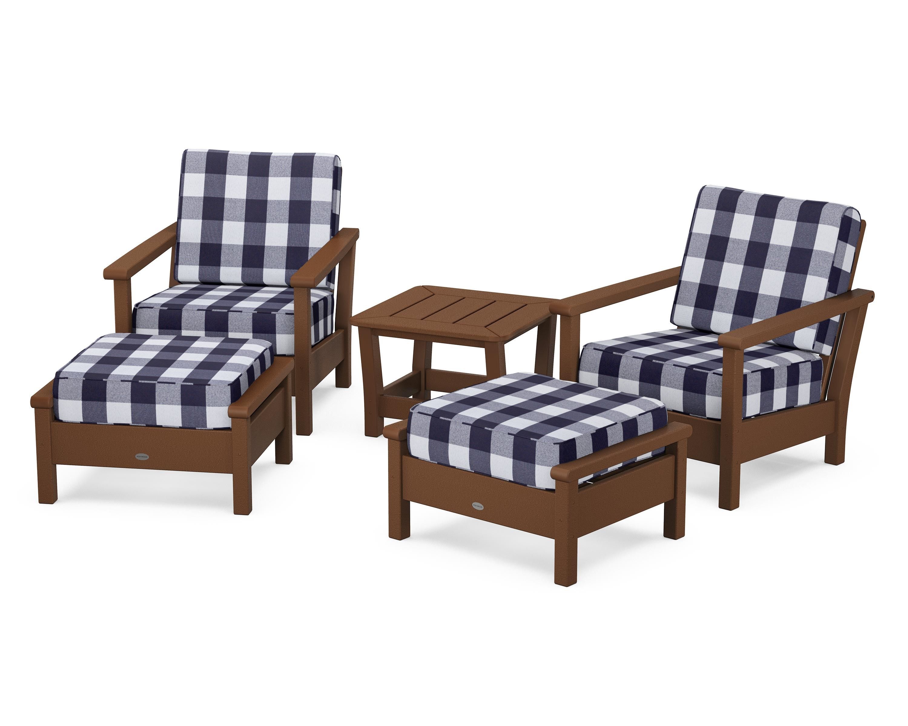 POLYWOOD® Harbour 5-Piece Deep Seating Chair Set in Teak / Buffalo Plaid Navy