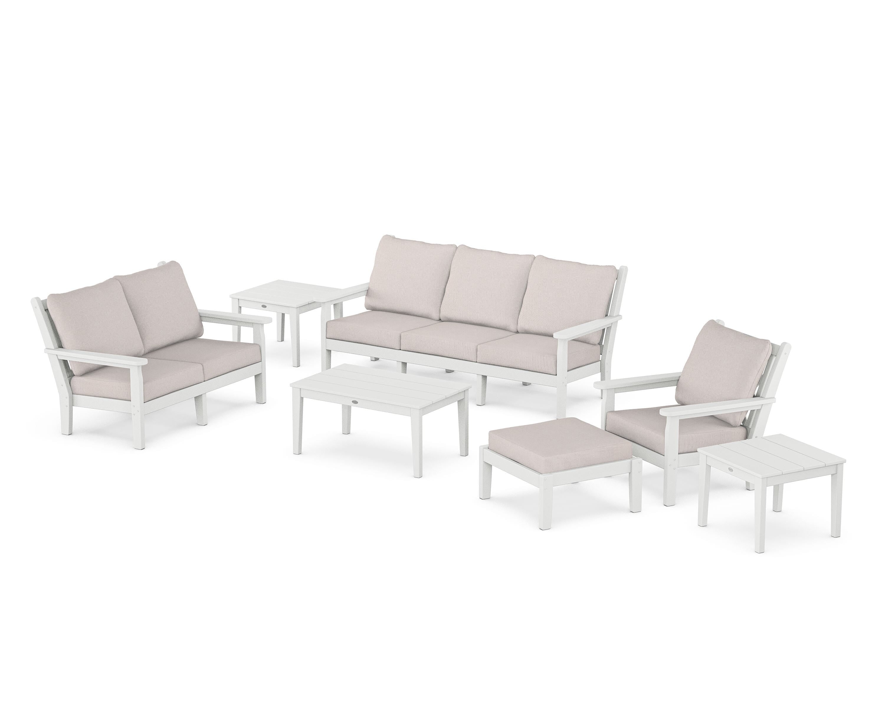 POLYWOOD® Chippendale 7-Piece Deep Seating Set in White / Dune Burlap