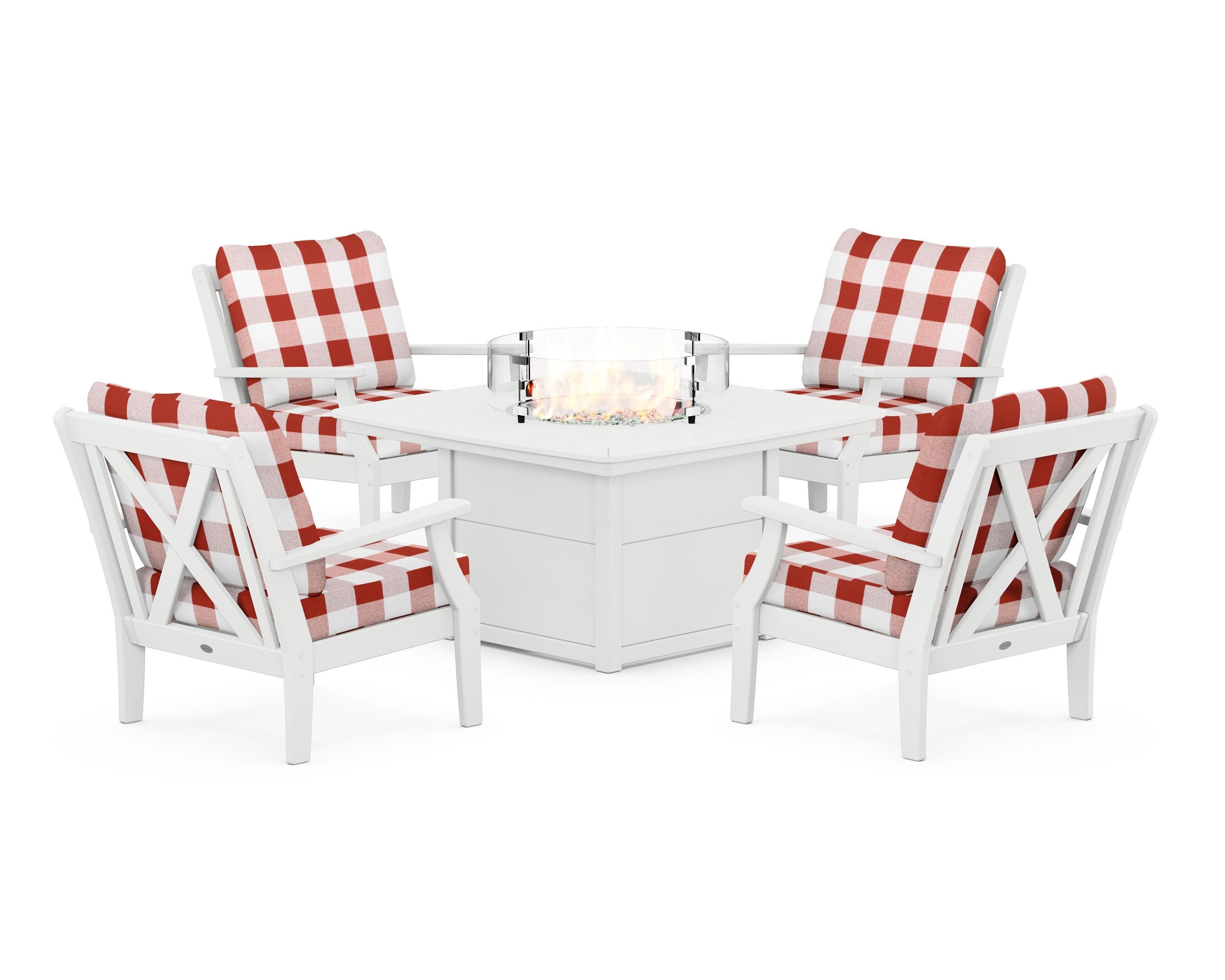 POLYWOOD® Braxton 5-Piece Deep Seating Conversation Set with Fire Pit Table in White / Buffalo Plaid Crimson