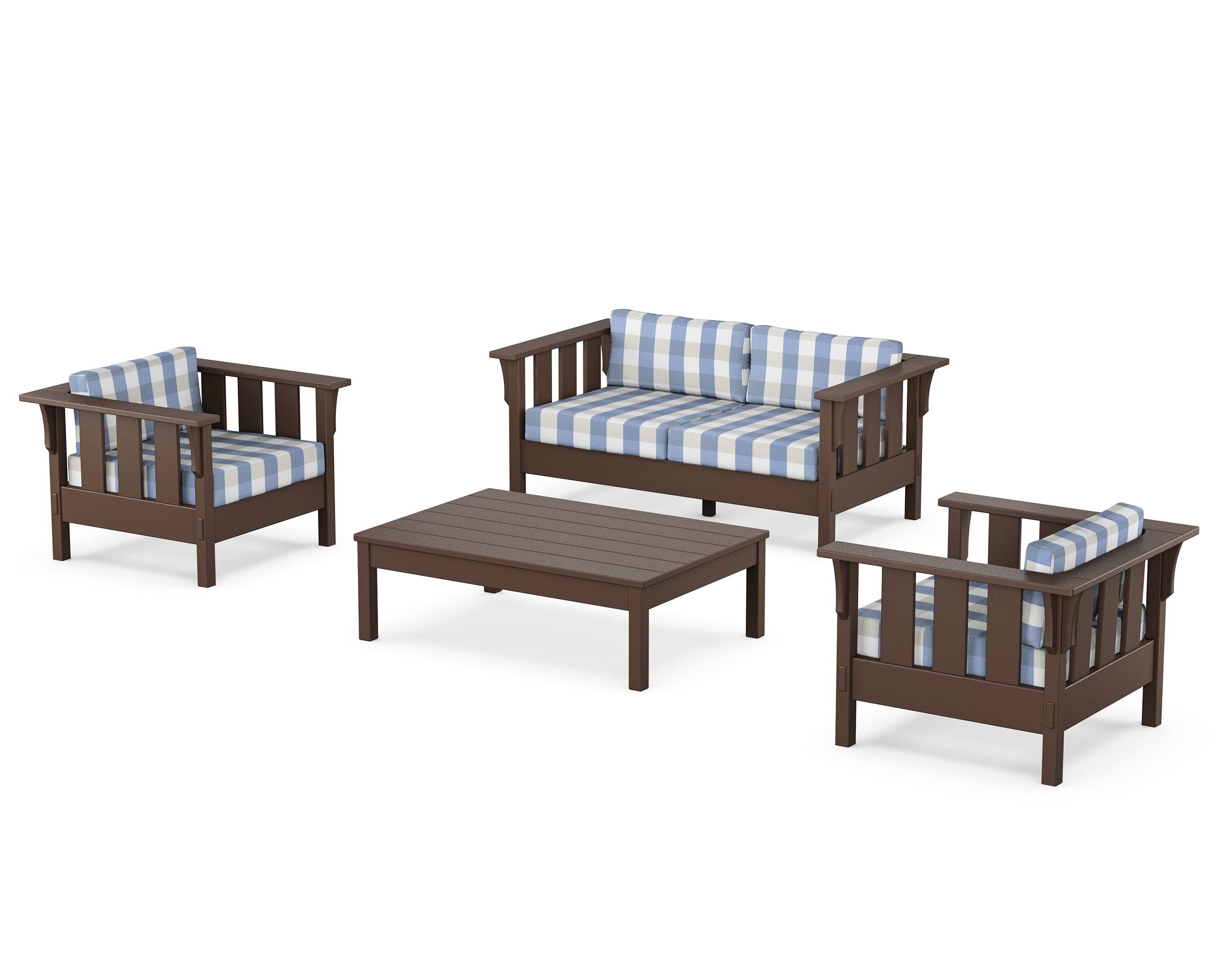 Martha Stewart by POLYWOOD® Acadia 4-Piece Deep Seating Set with Loveseat in Mahogany / Buffalo Plaid Sky Blue