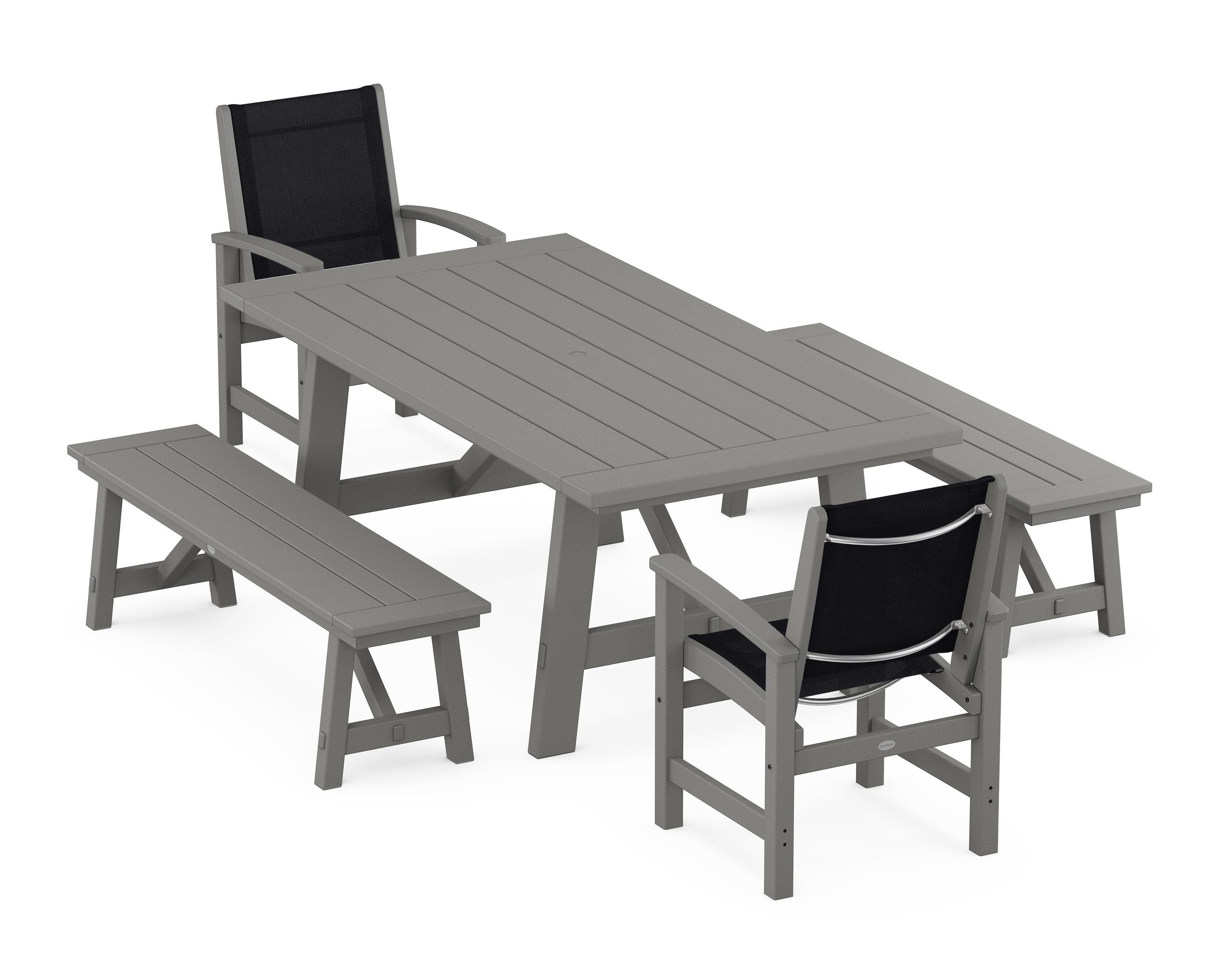 POLYWOOD® Coastal 5-Piece Rustic Farmhouse Dining Set With Benches in Slate Grey / Black Sling