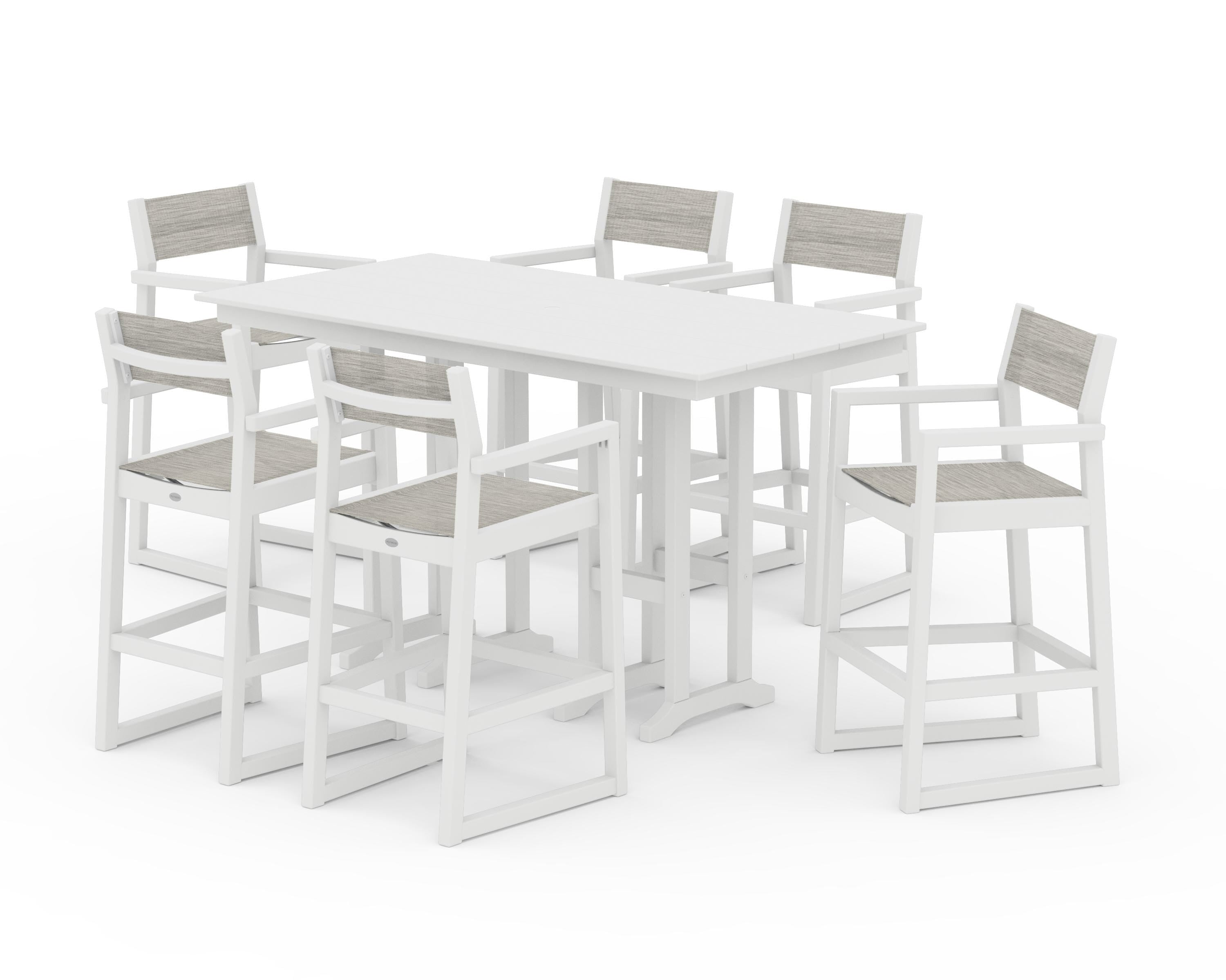 POLYWOOD® EDGE Sling Arm Chair 7-Piece Farmhouse Bar Set in White / Birch Sling