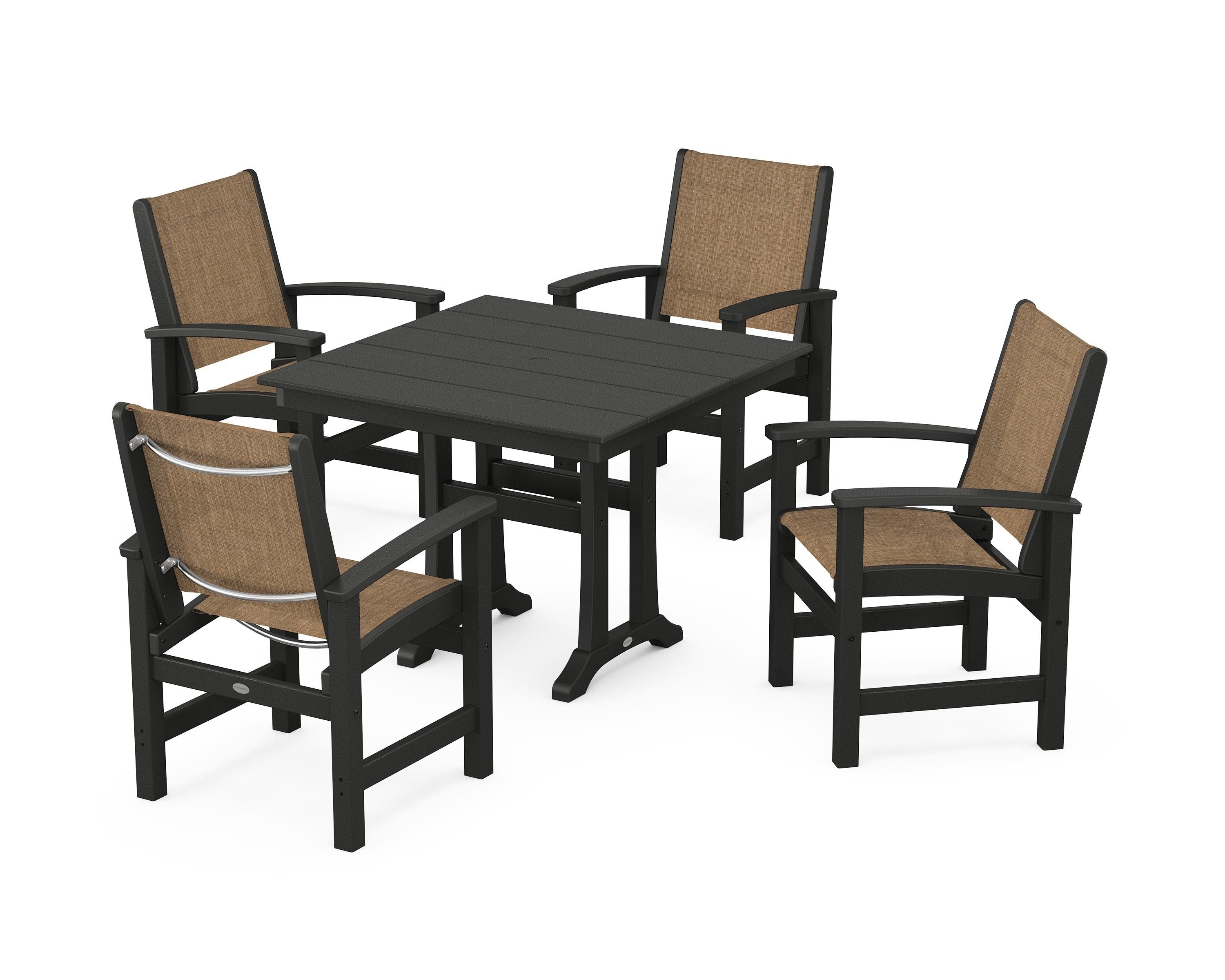 POLYWOOD® Coastal 5-Piece Farmhouse Dining Set With Trestle Legs in Black / Burlap Sling