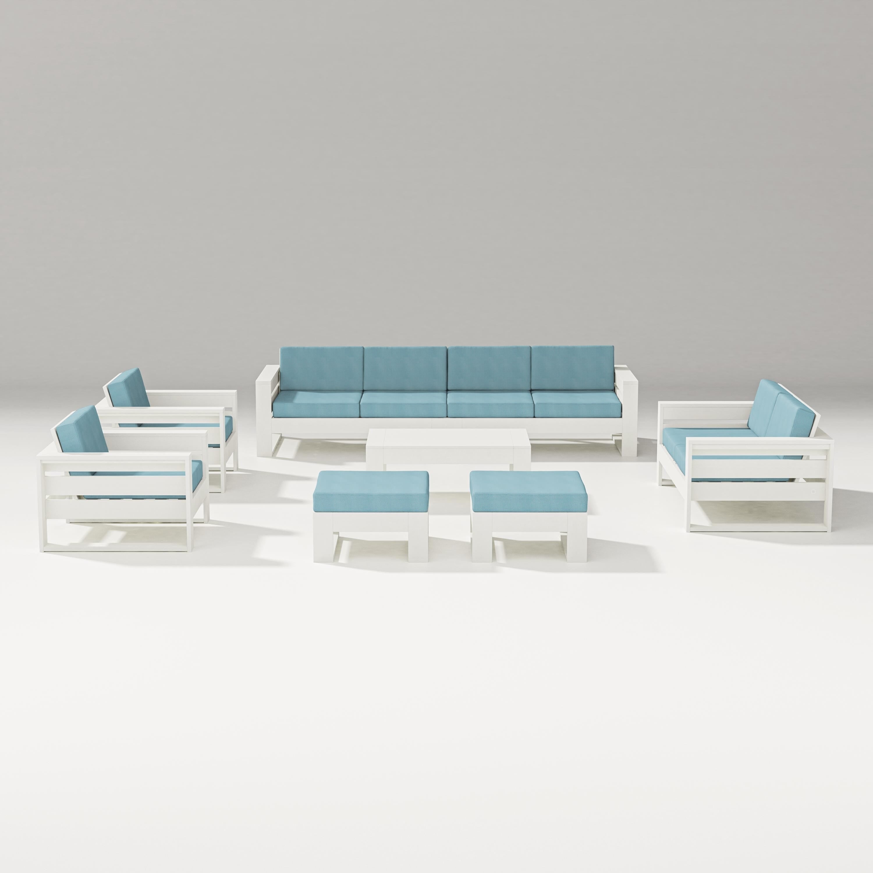 PW Designer Series Latitude 8-Piece Lounge Sofa Set in Vintage White / Lattice Sky Blue