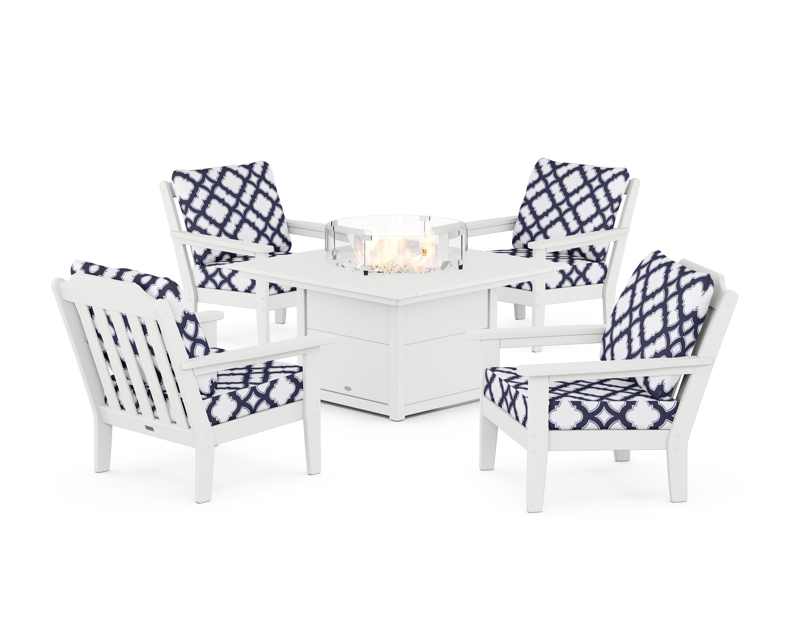 Country Living Cottage 5-Piece Deep Seating Set with Fire Pit Table in White / Trellis Navy