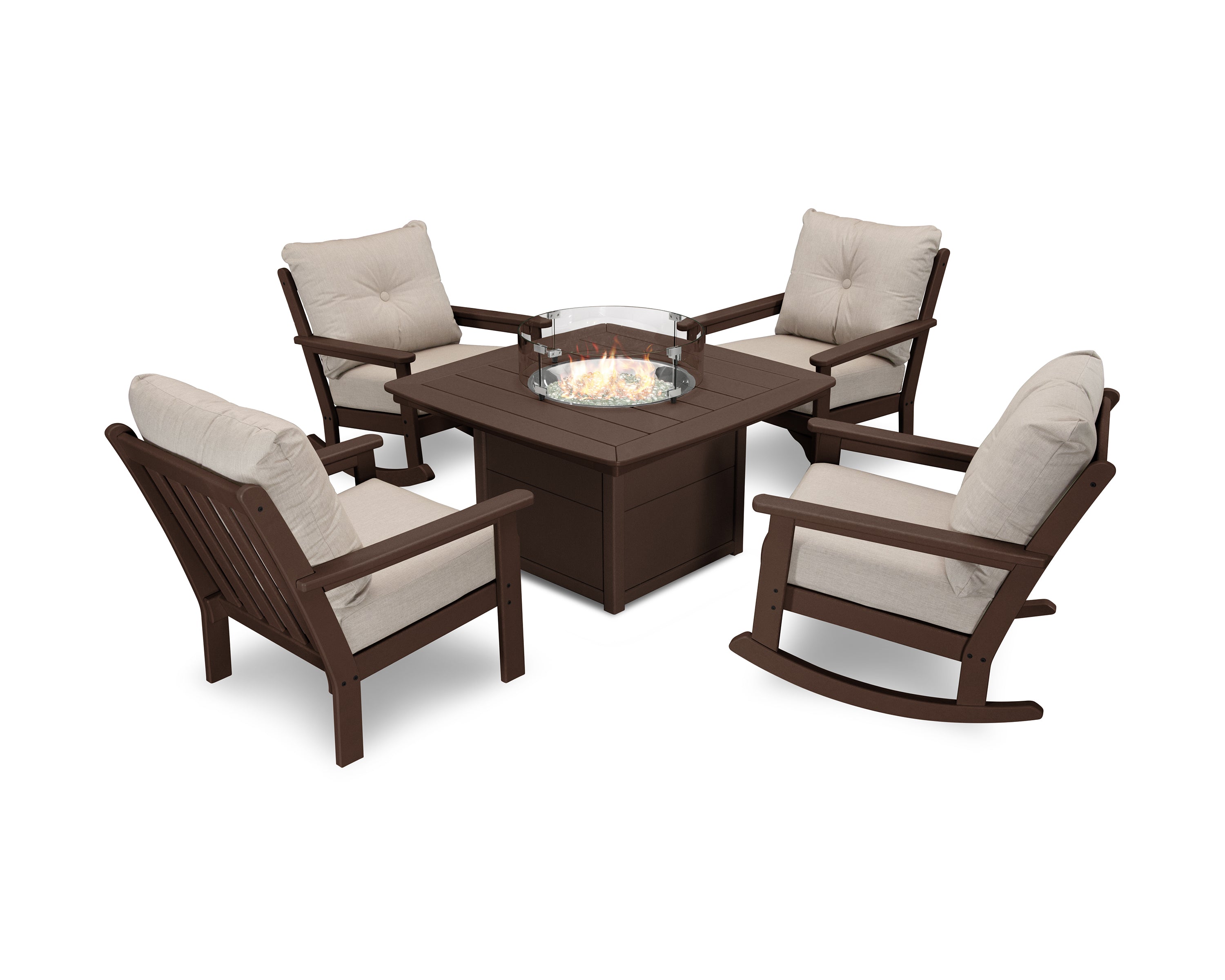 POLYWOOD® Vineyard 5-Piece Deep Seating Rocking Chair Conversation Set with Fire Pit Table in Mahogany / Cast Ash