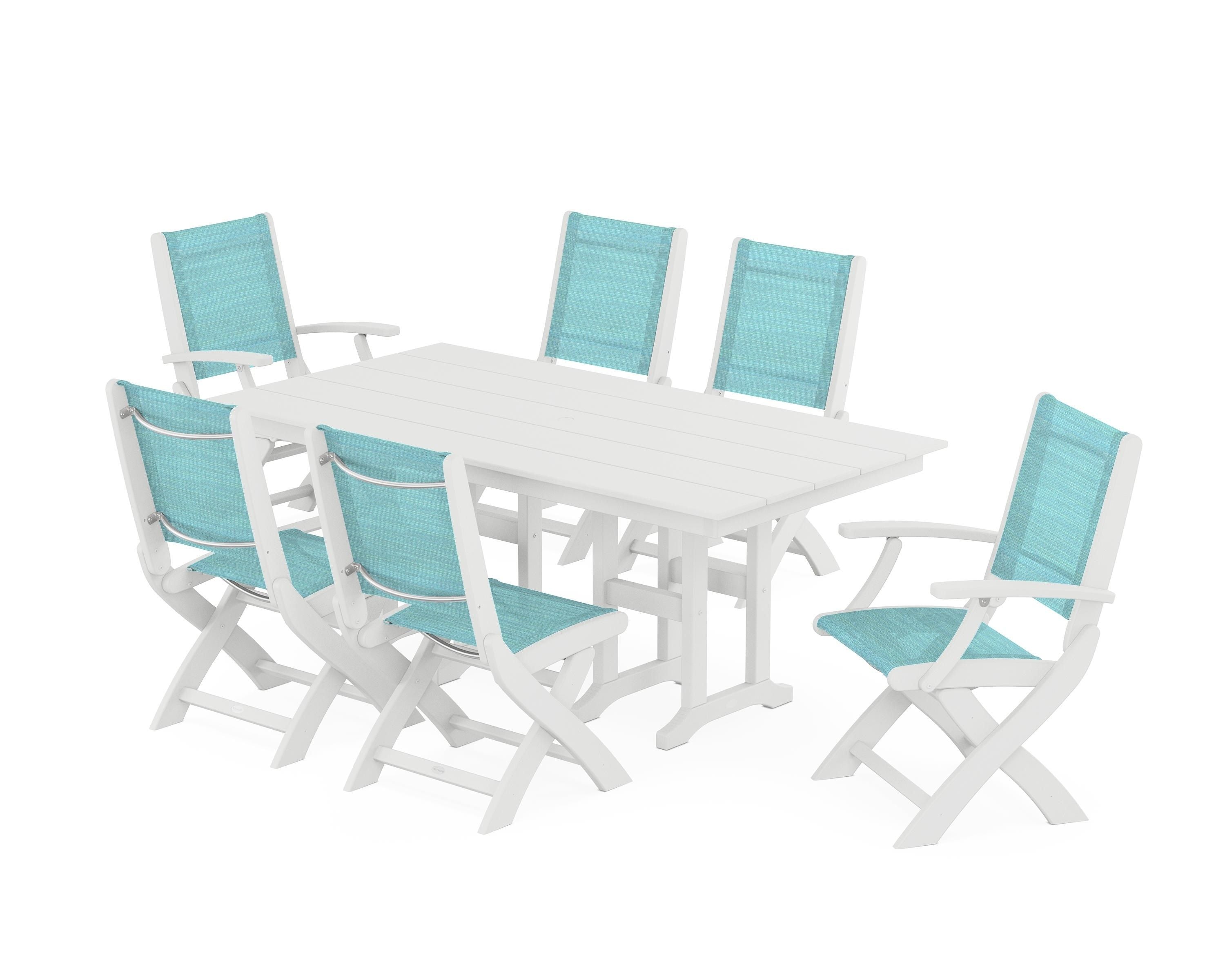 POLYWOOD® Coastal Folding Chair 7-Piece Farmhouse Dining Set in White / Dupioni Aquamarine Sling