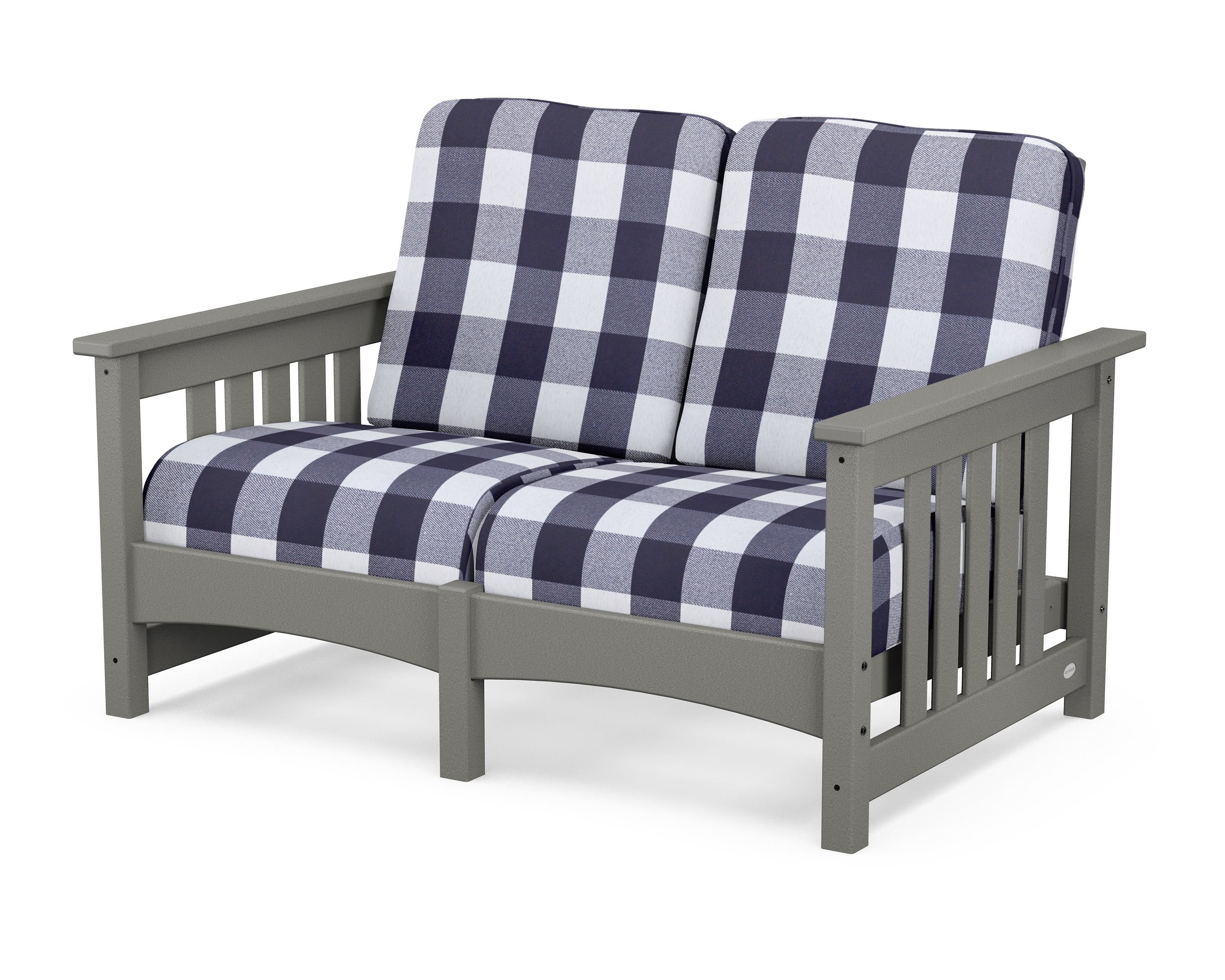 POLYWOOD® Club Mission Loveseat in Slate Grey / Buffalo Plaid Navy