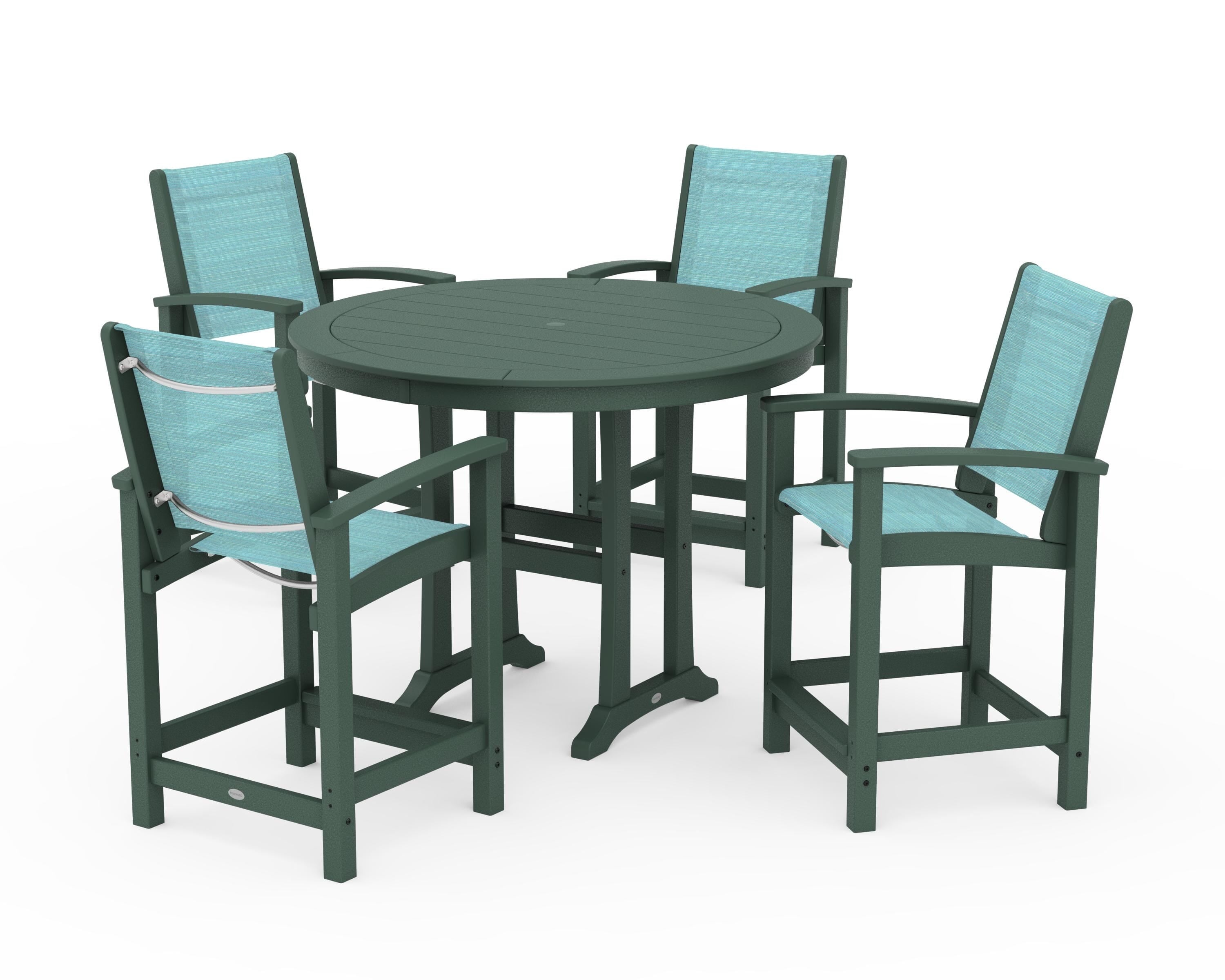 POLYWOOD® Coastal 5-Piece Counter Set in Green / Dupioni Aquamarine Sling
