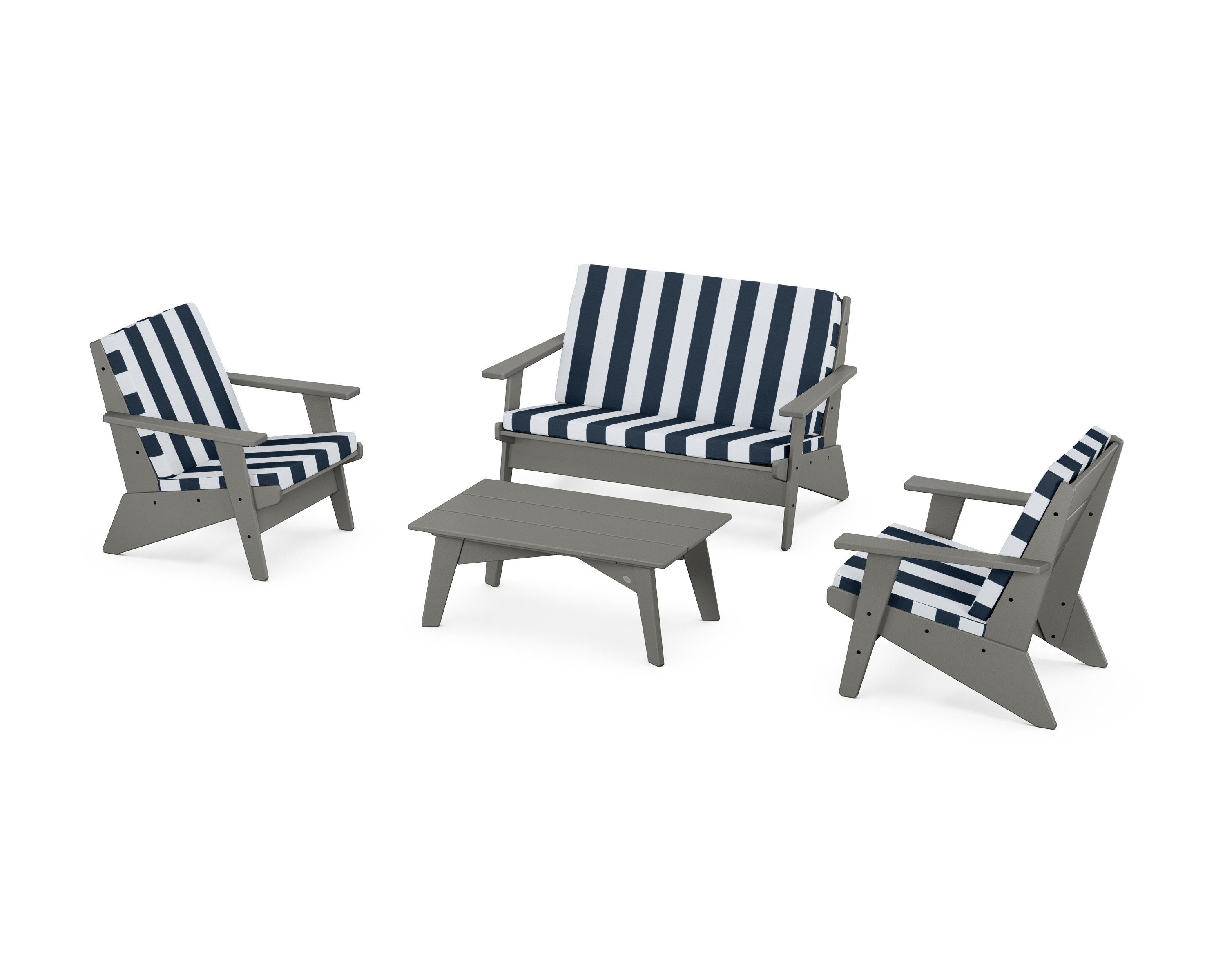 POLYWOOD® Riviera Modern Lounge 4-Piece Set in Slate Grey / Cabana Stripe Marine Indigo
