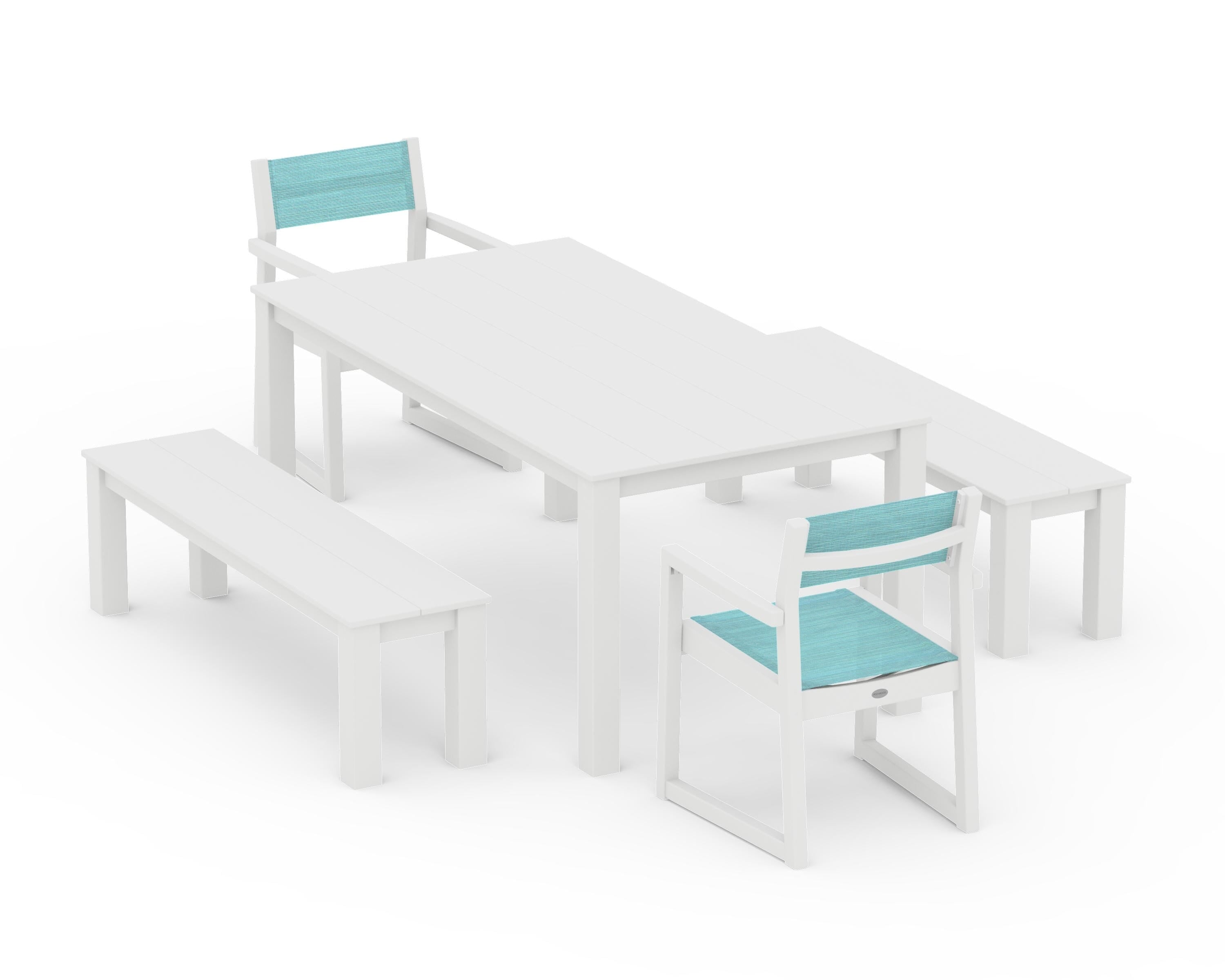 POLYWOOD® EDGE Sling Arm Chair 5-Piece Parsons Dining Set with Benches in White / Dupioni Aquamarine Sling