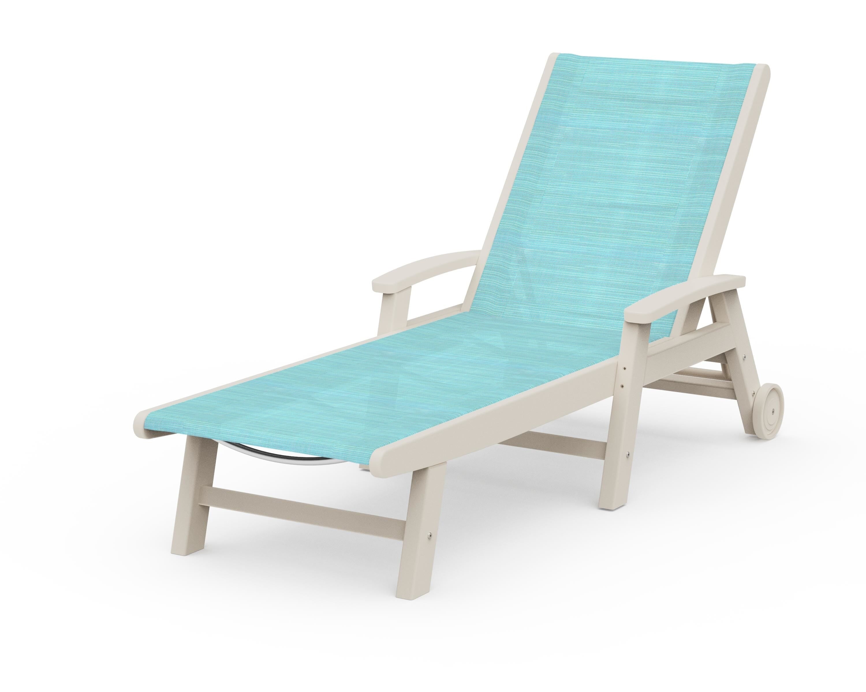 POLYWOOD® Coastal Chaise with Wheels in Sand / Dupioni Aquamarine Sling