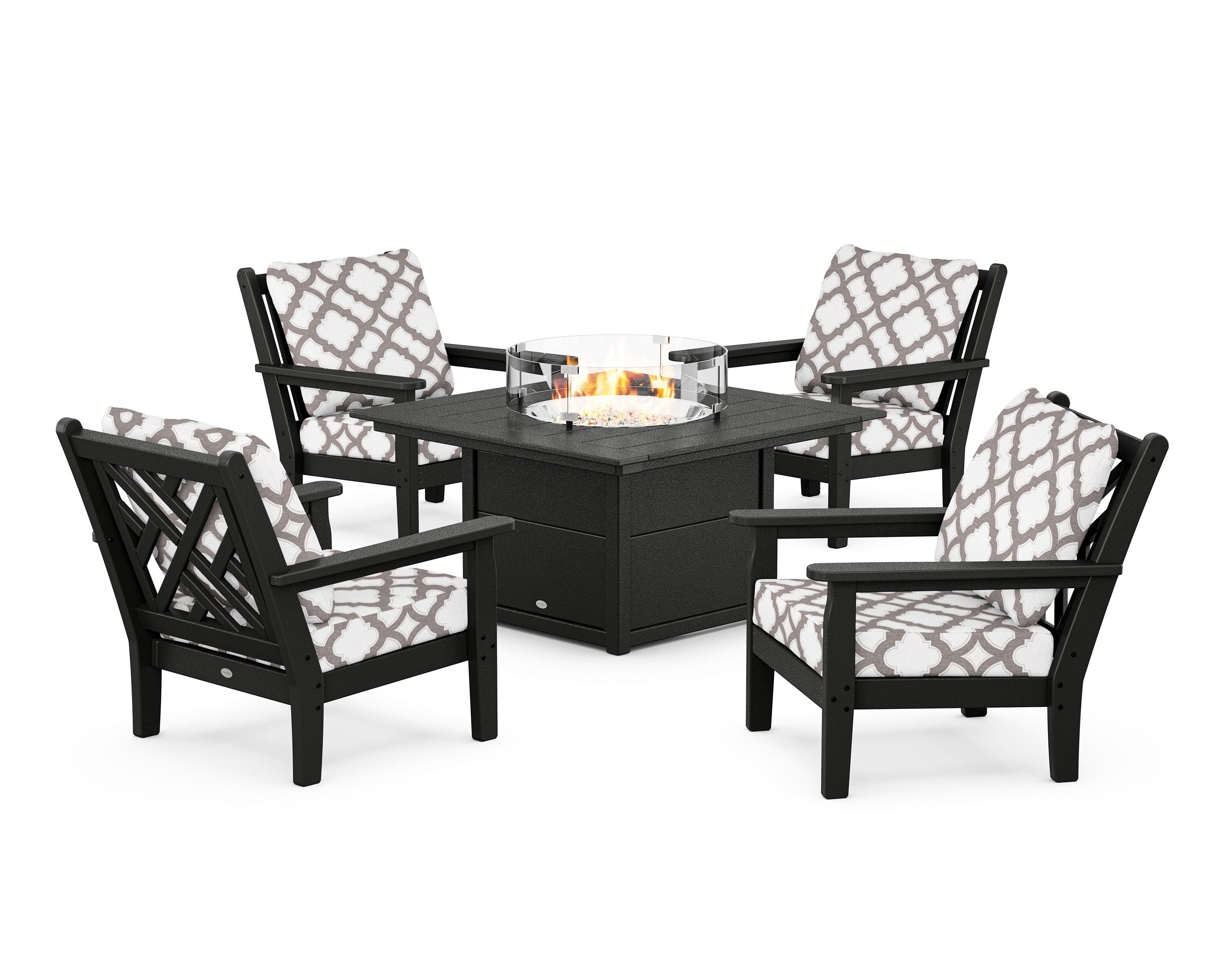POLYWOOD® Chippendale 5-Piece Deep Seating Set with Fire Pit Table in Black / Trellis Grey Mist