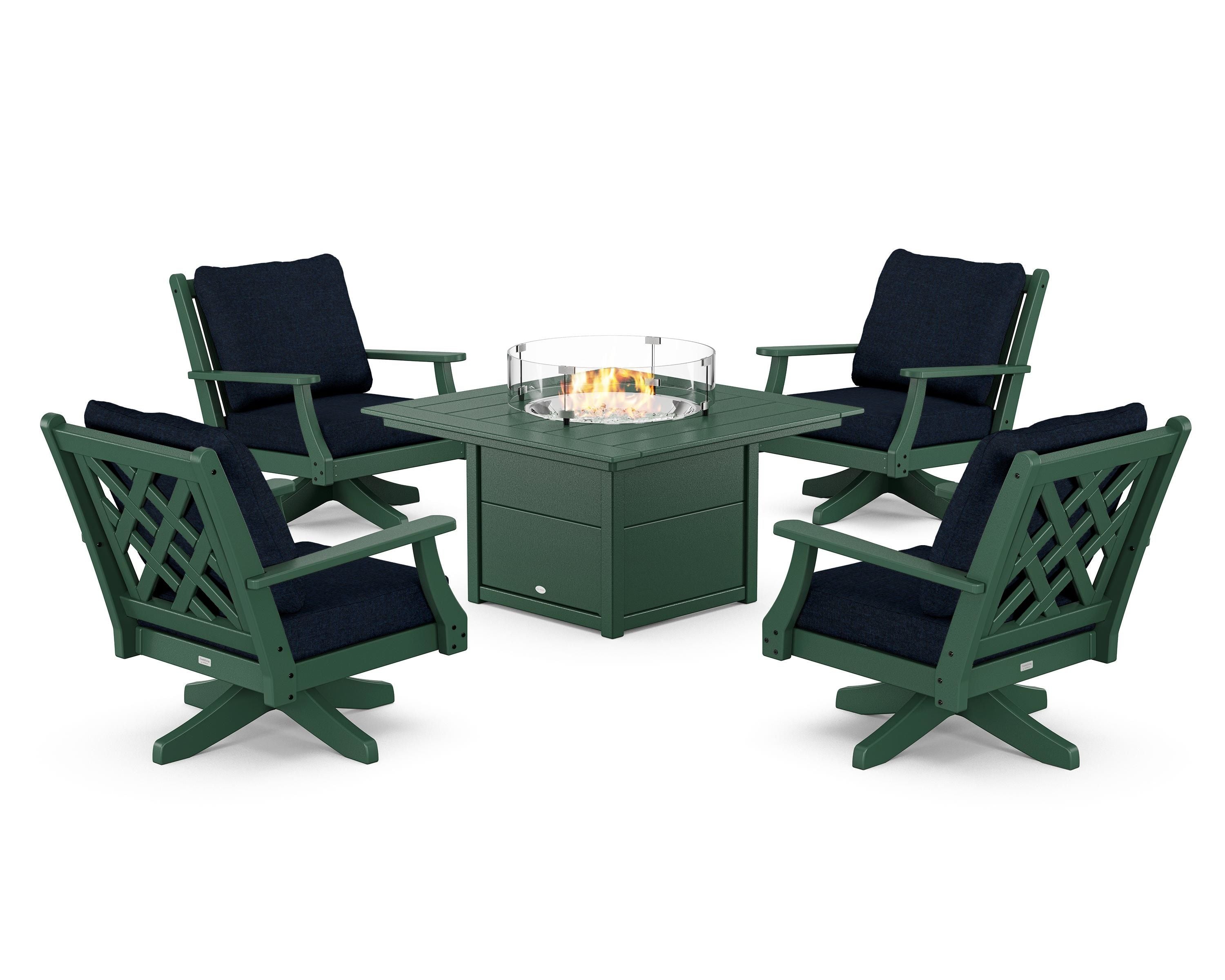 Country Living Wovendale 5-Piece Deep Seating Swivel Conversation Set with Fire Pit Table in Green / Marine Indigo
