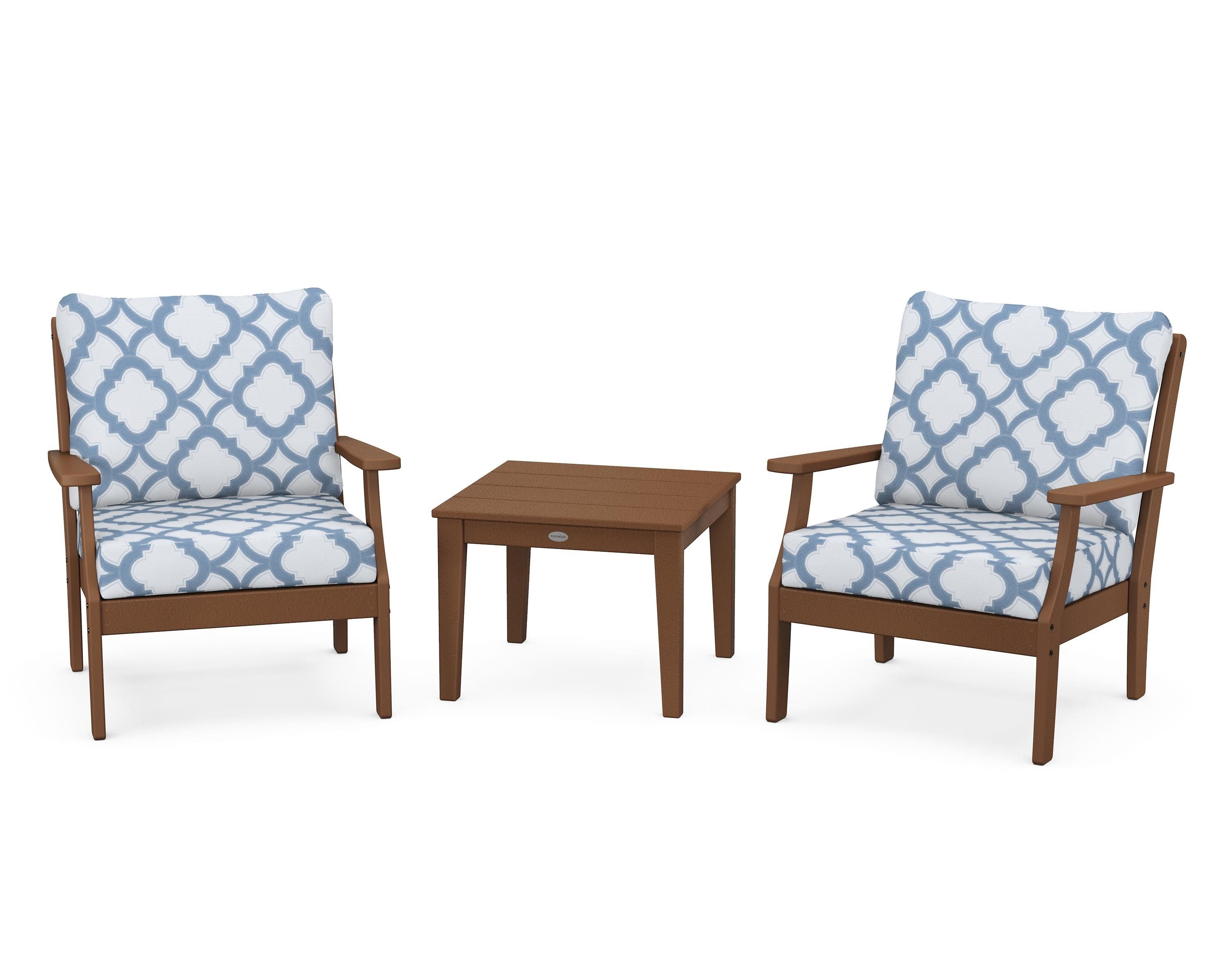 POLYWOOD® Braxton 3-Piece Deep Seating Set in Teak / Trellis Sky Blue
