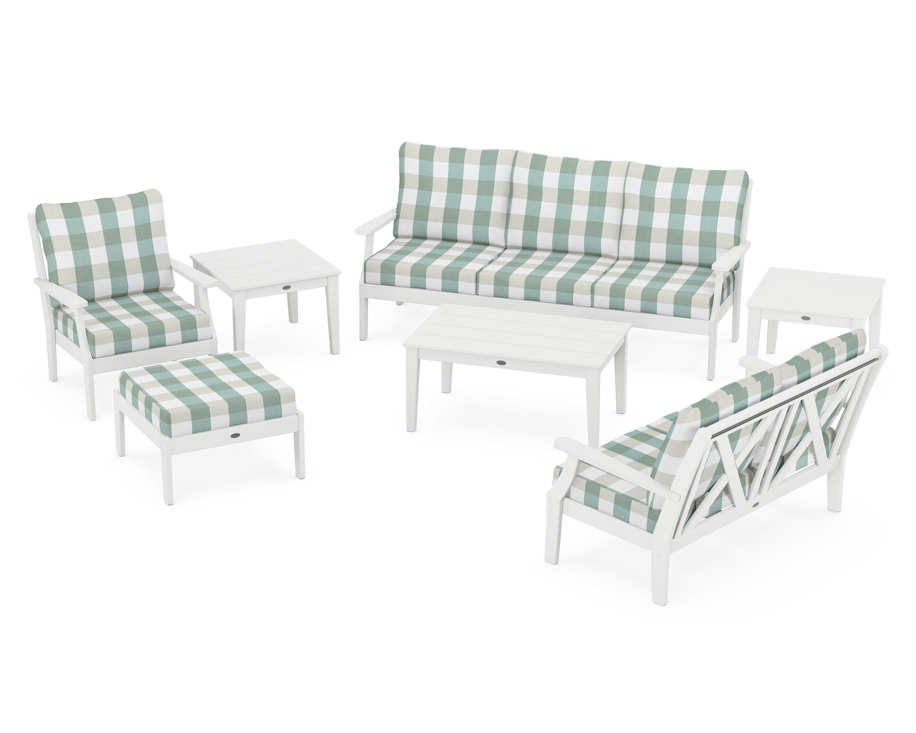 POLYWOOD® Braxton 7-Piece Deep Seating Set in White / Buffalo Plaid Glacier Spa