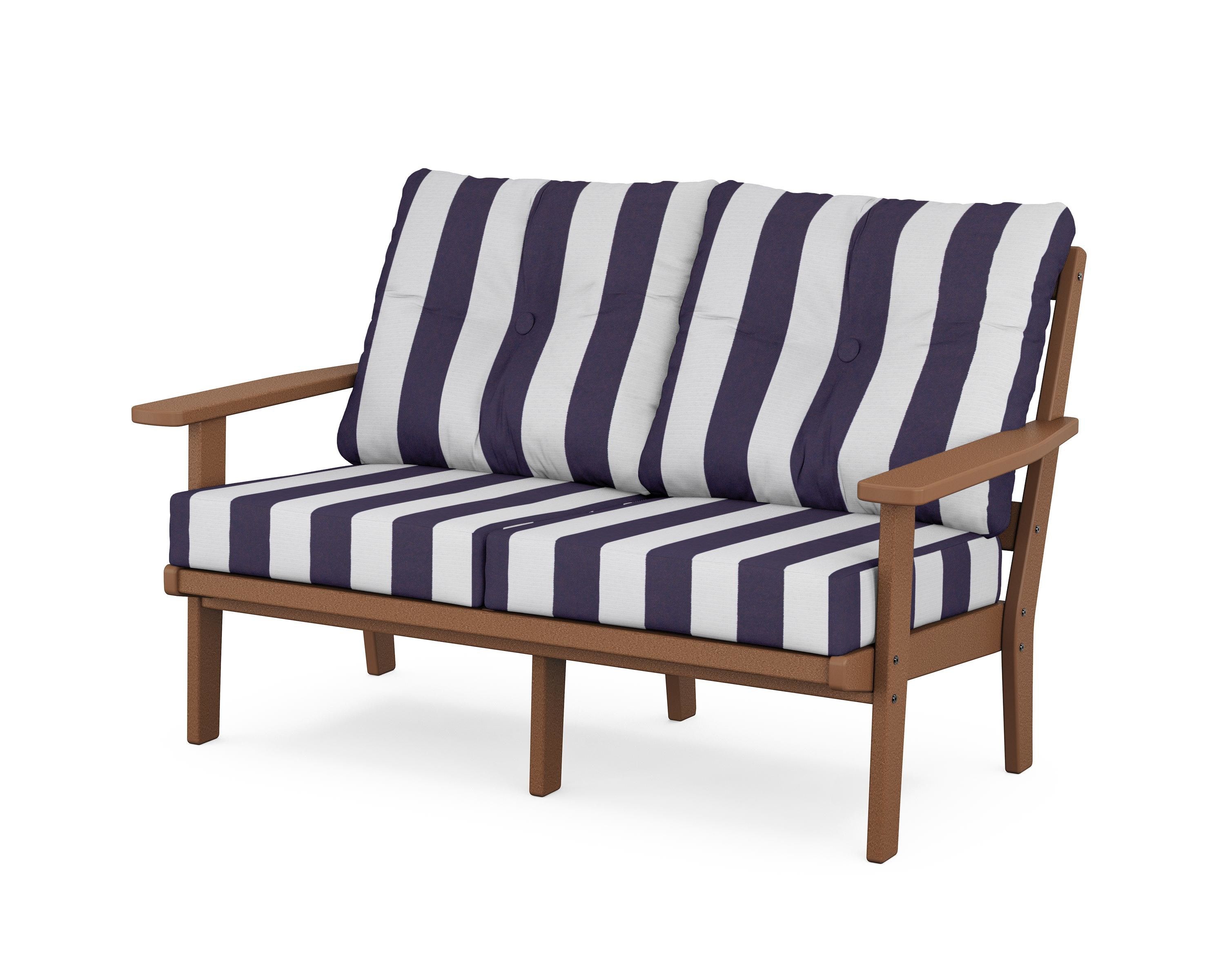 POLYWOOD® Oxford Deep Seating Loveseat in Teak / Cabana Stripe Navy