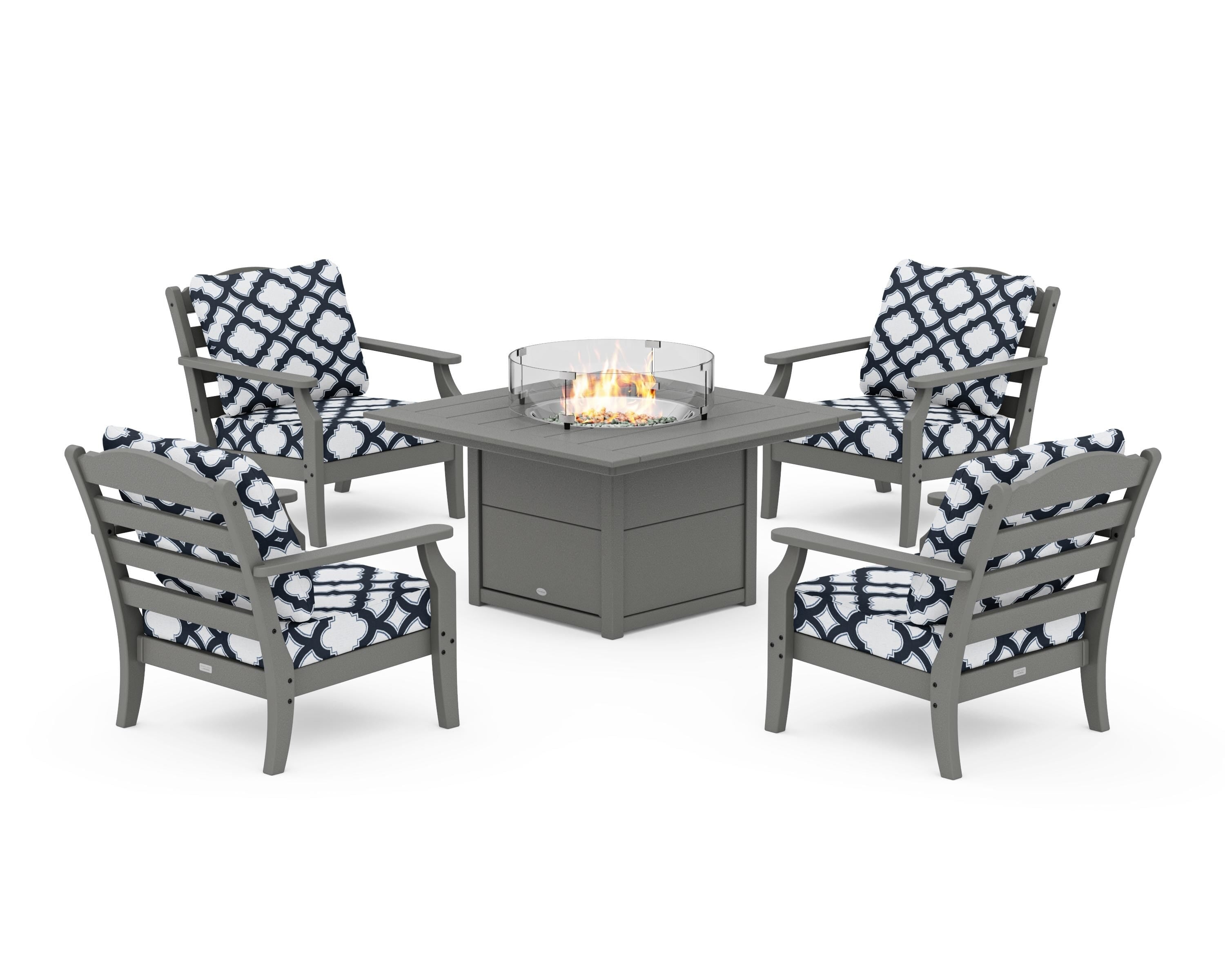 Draper James™ by POLYWOOD® Savannah 5-Piece Deep Seating Set with Fire Pit Table in Slate Grey / Trellis Marine Indigo
