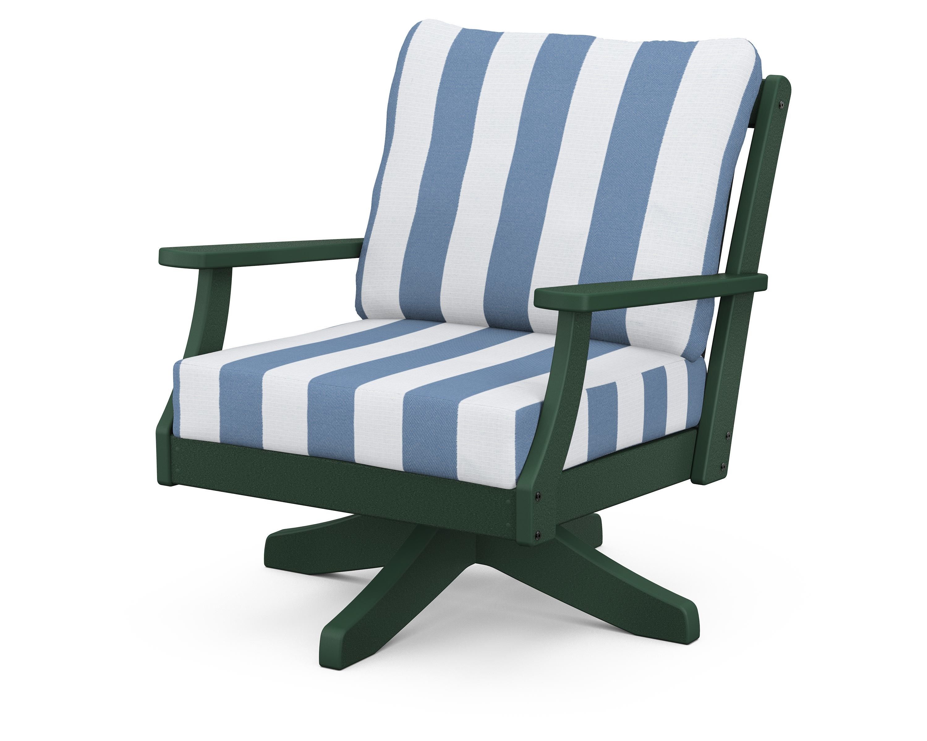 POLYWOOD® Braxton Deep Seating Swivel Chair in Green / Cabana Stripe Sky Blue