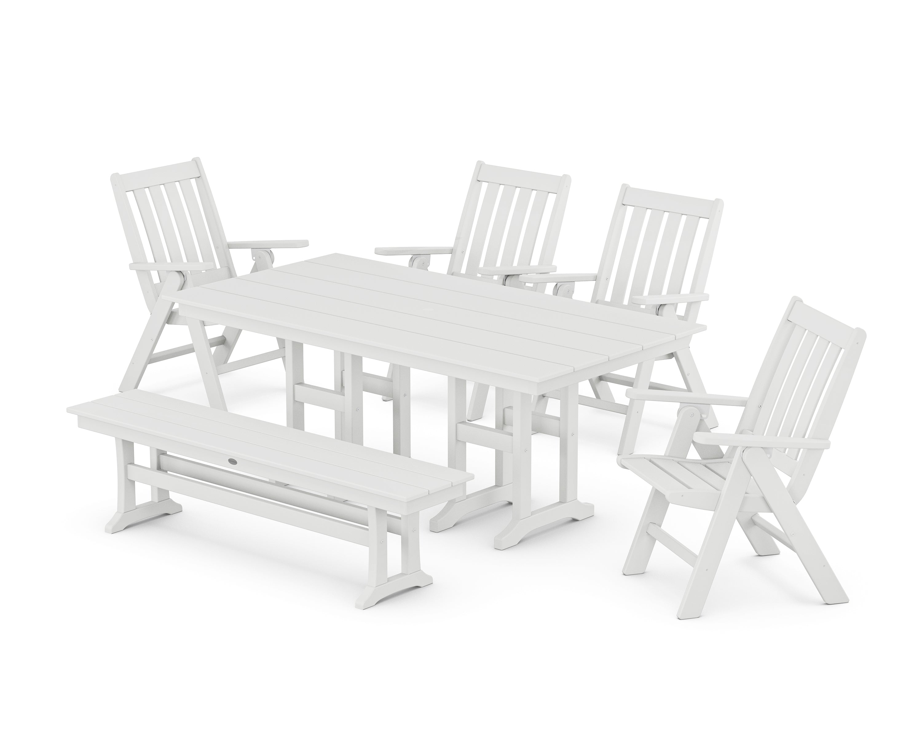 POLYWOOD® Vineyard Folding Chair 6-Piece Farmhouse Dining Set with Bench in White