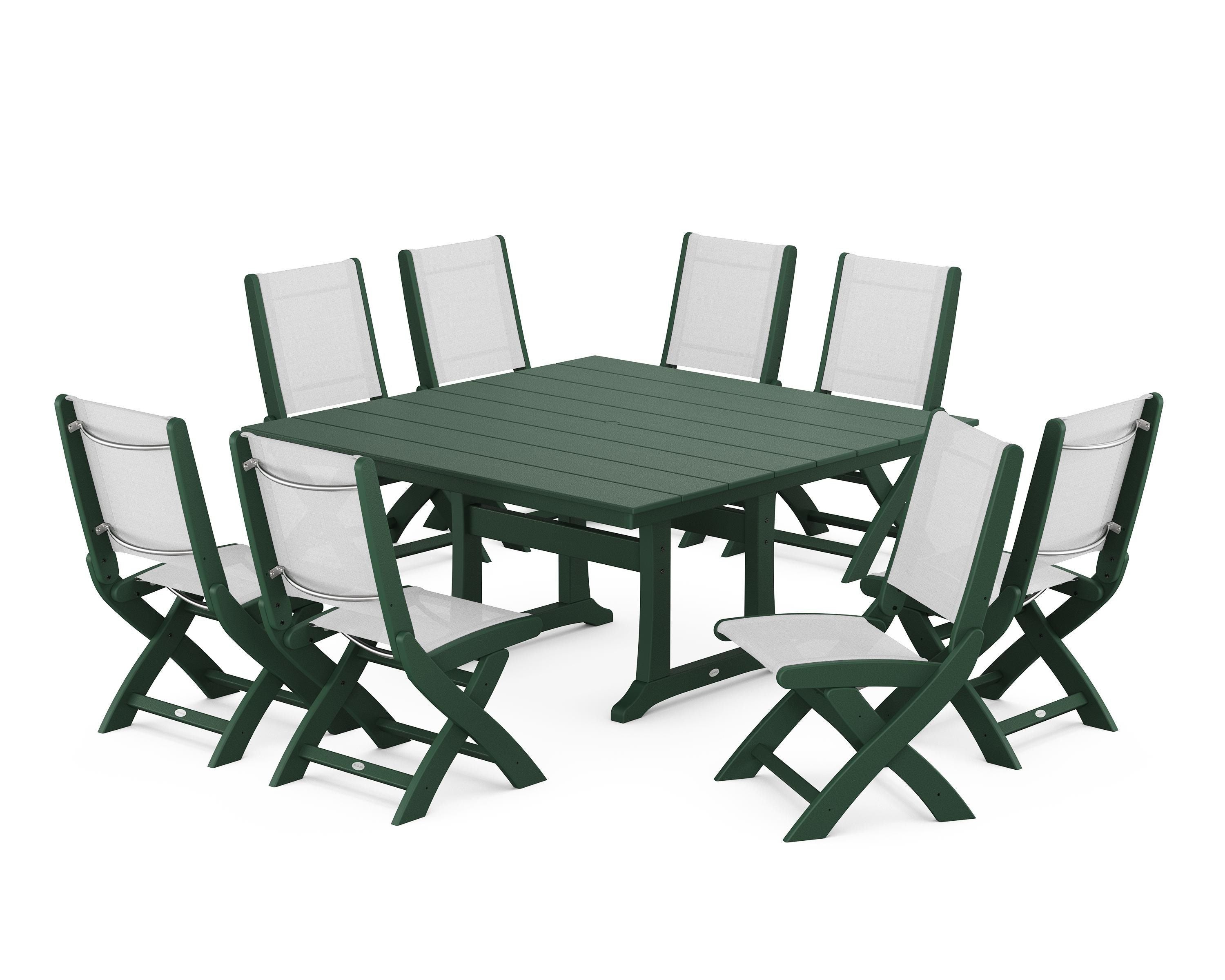POLYWOOD® Coastal Folding Side Chair 9-Piece Farmhouse Dining Set in Green / White Sling
