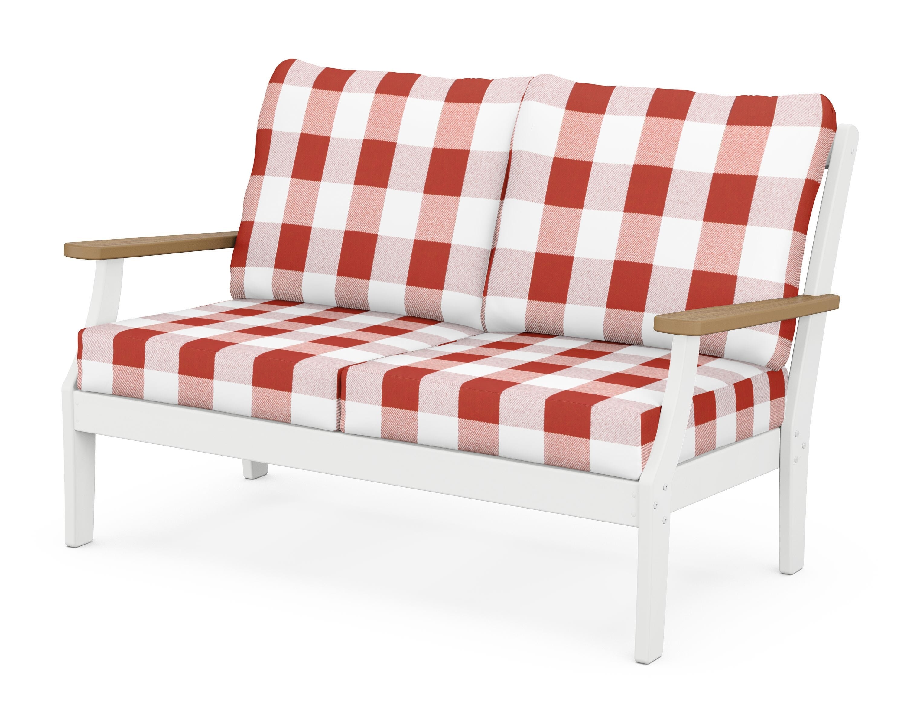 POLYWOOD® Braxton Deep Seating Loveseat in White / Natural / Buffalo Plaid Crimson
