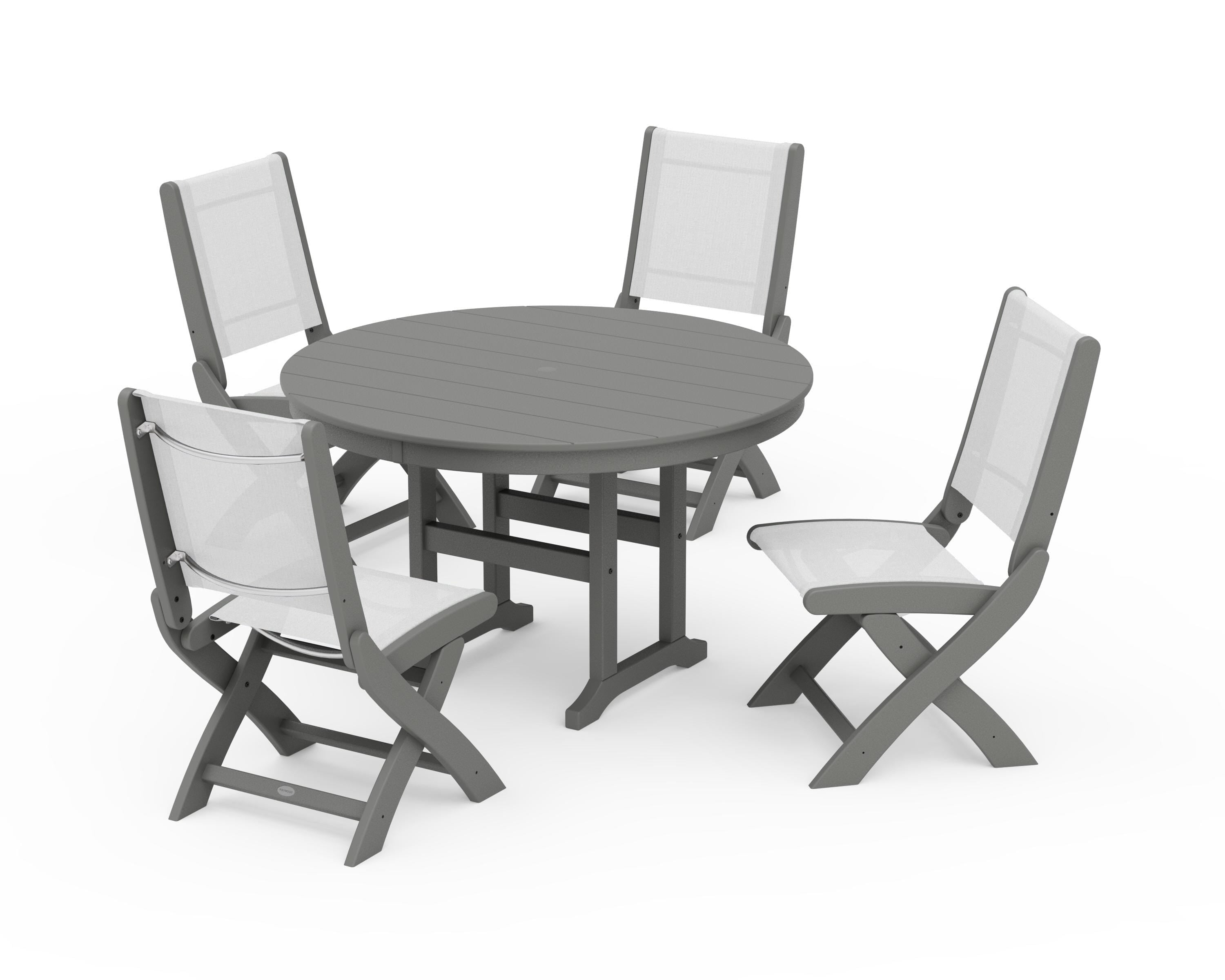 POLYWOOD® Coastal Folding Side Chair 5-Piece Round Dining Set in Slate Grey / White Sling