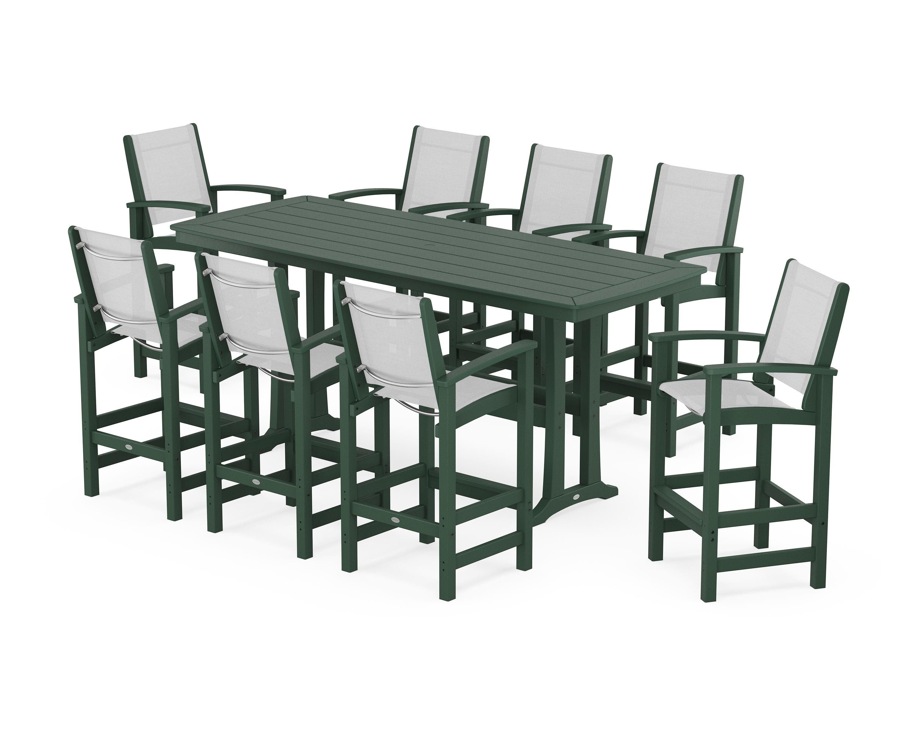 POLYWOOD® Coastal 9-Piece Bar Set with Trestle Legs in Green / White Sling