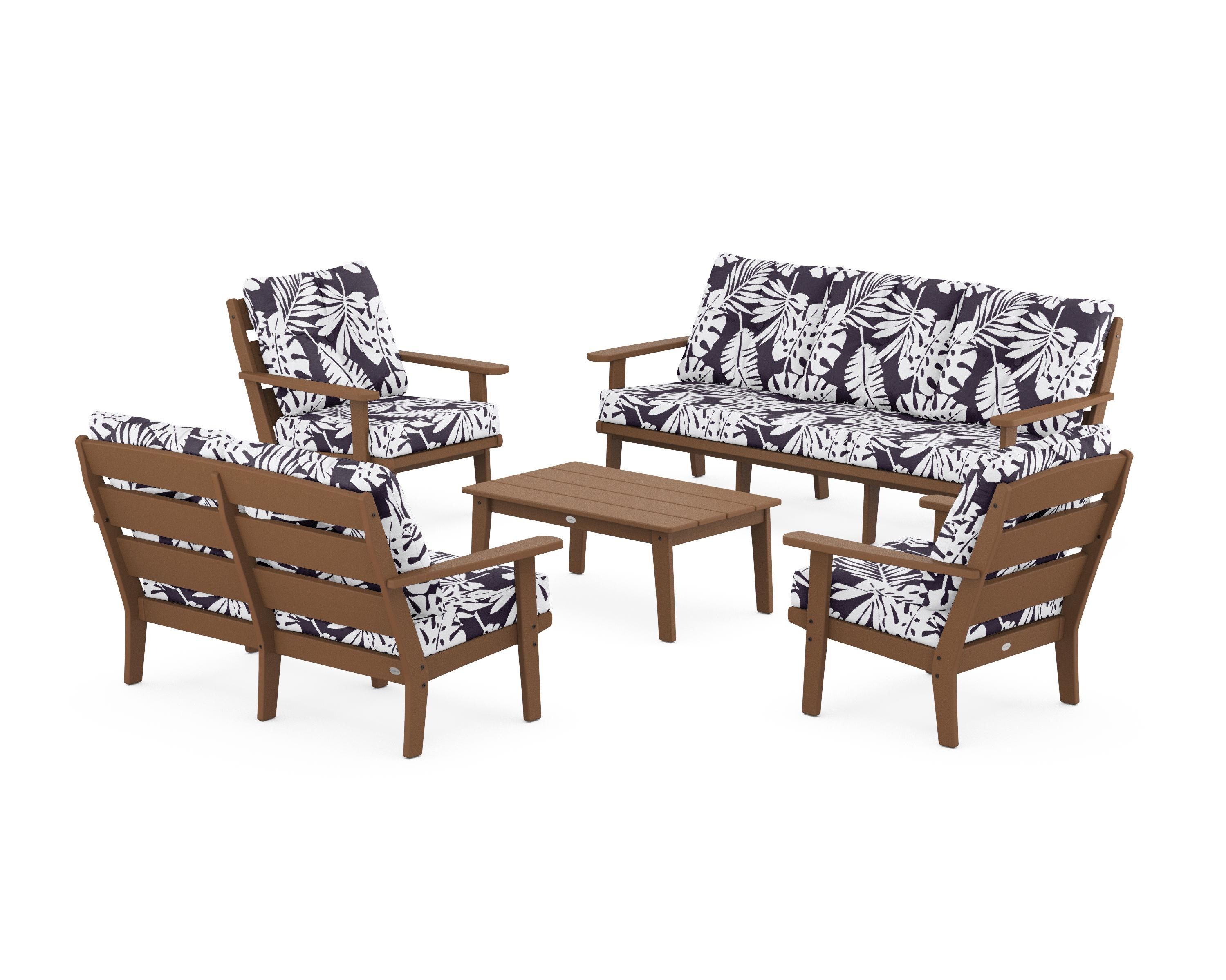POLYWOOD® Lakeside 5-Piece Lounge Sofa Set in Teak / Leaf Navy